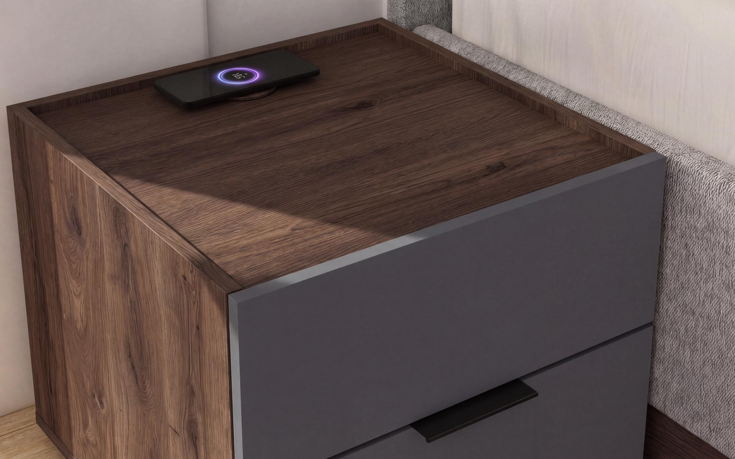 Bedroom furniture set for mattress 160/200 with built-in wireless phone charger Novela, dark Scandinavian oak + anthracite matt  9