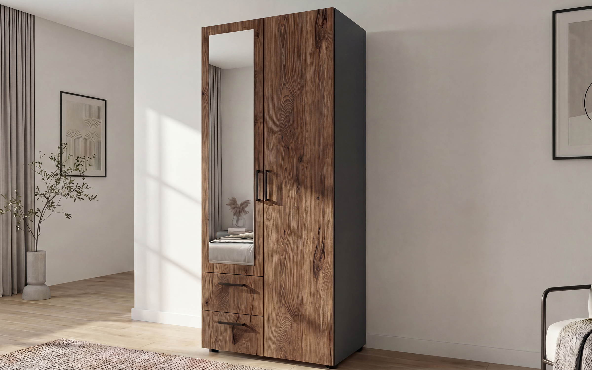 Double-winged wardrobe with clothes rod Bruno S 1, anthracite matt + dark Scandinavian oak  1