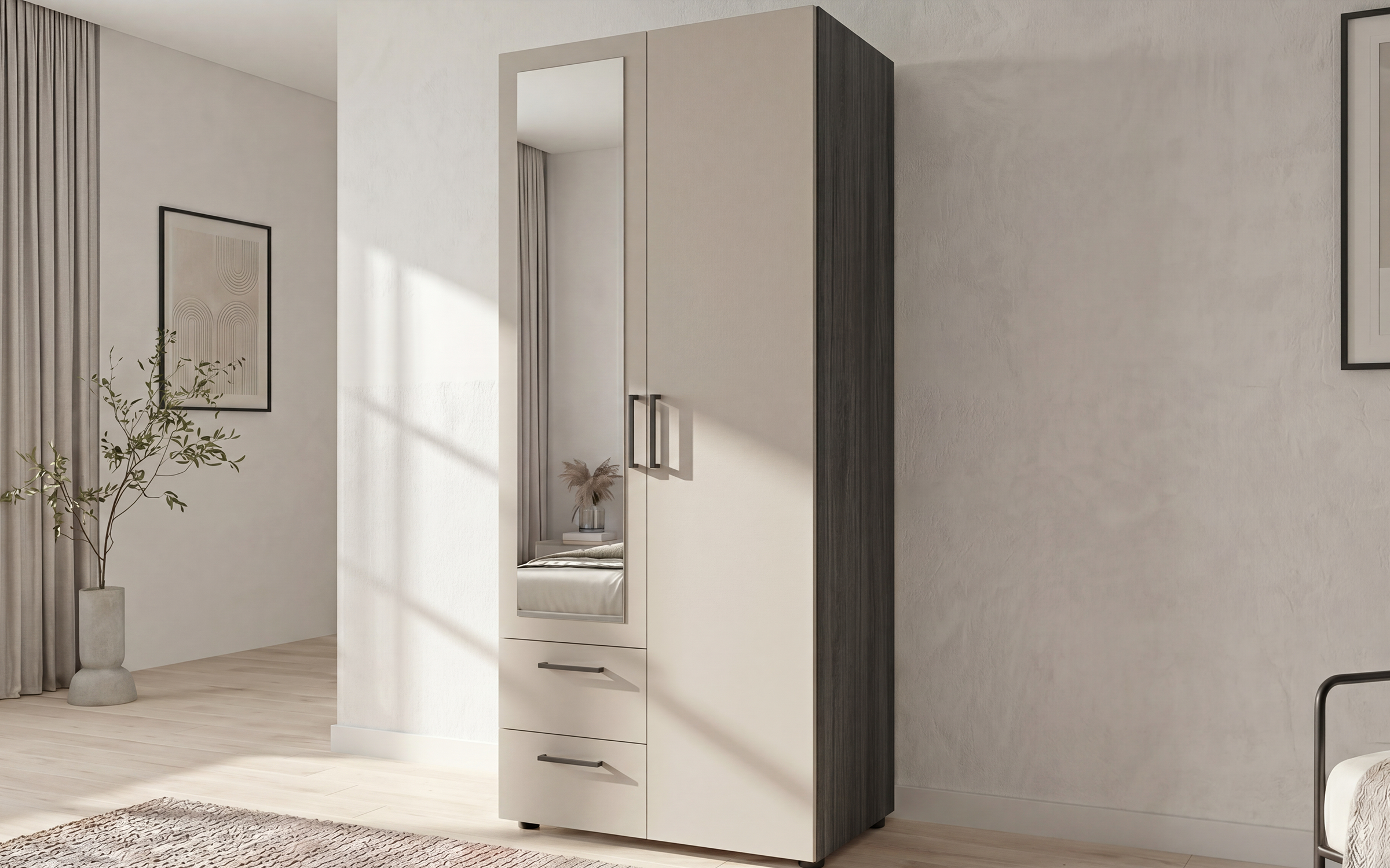 Wardrobe with clothes rod and shelves Bruno S 2, Anthracite oak + cashmere  1