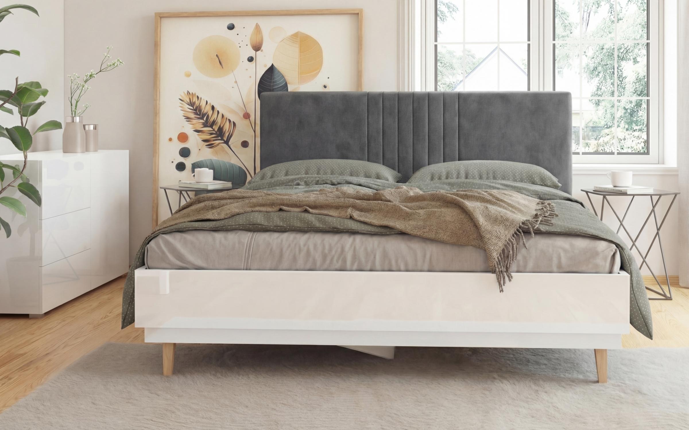Upholstered double bed for mattress 160/200 Sense, white gloss + grey  3