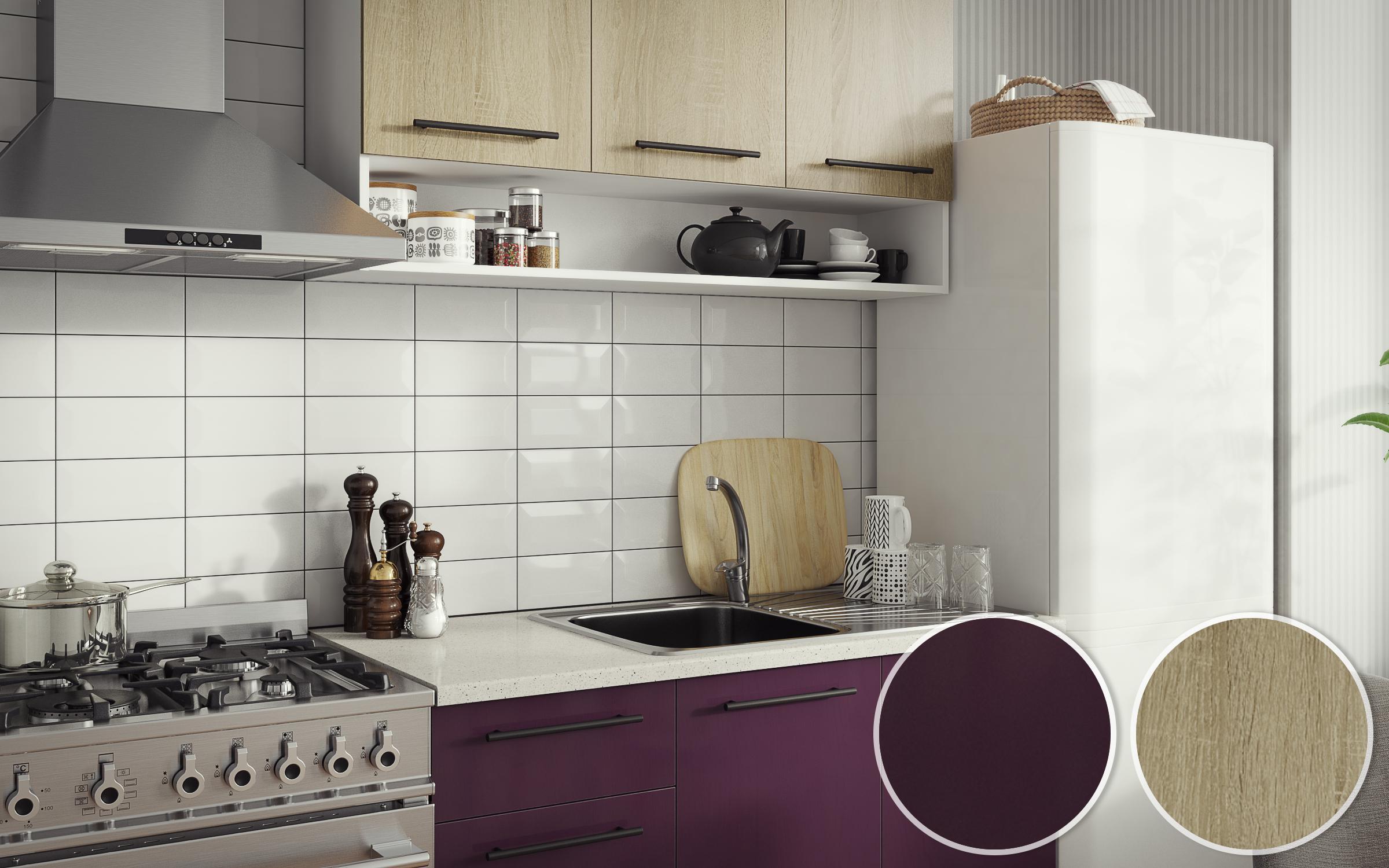 Kitchen Tiffany III, white + dark purple + Sonoma oak  2