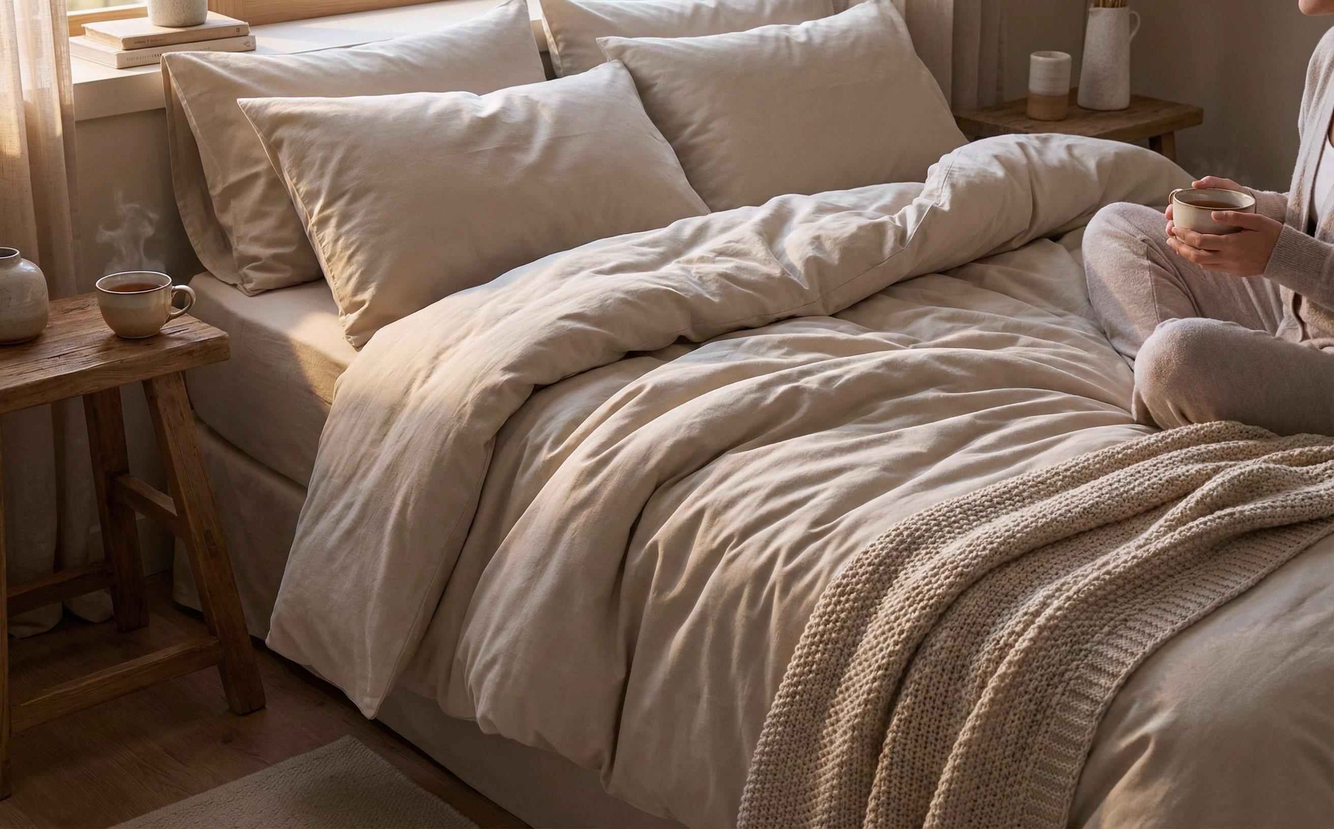 4 предмета 200/220 см.; Ранфорс 100% Хлопок Постельное белье Plain Beige, бежевый  2