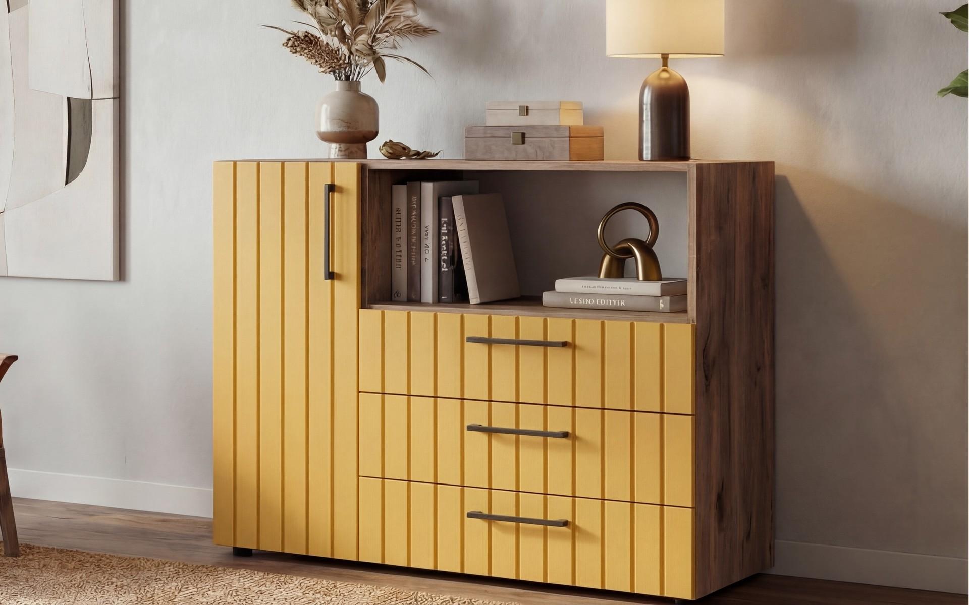 Dresser Barx, dark Scandinavian oak + yellow satin  1