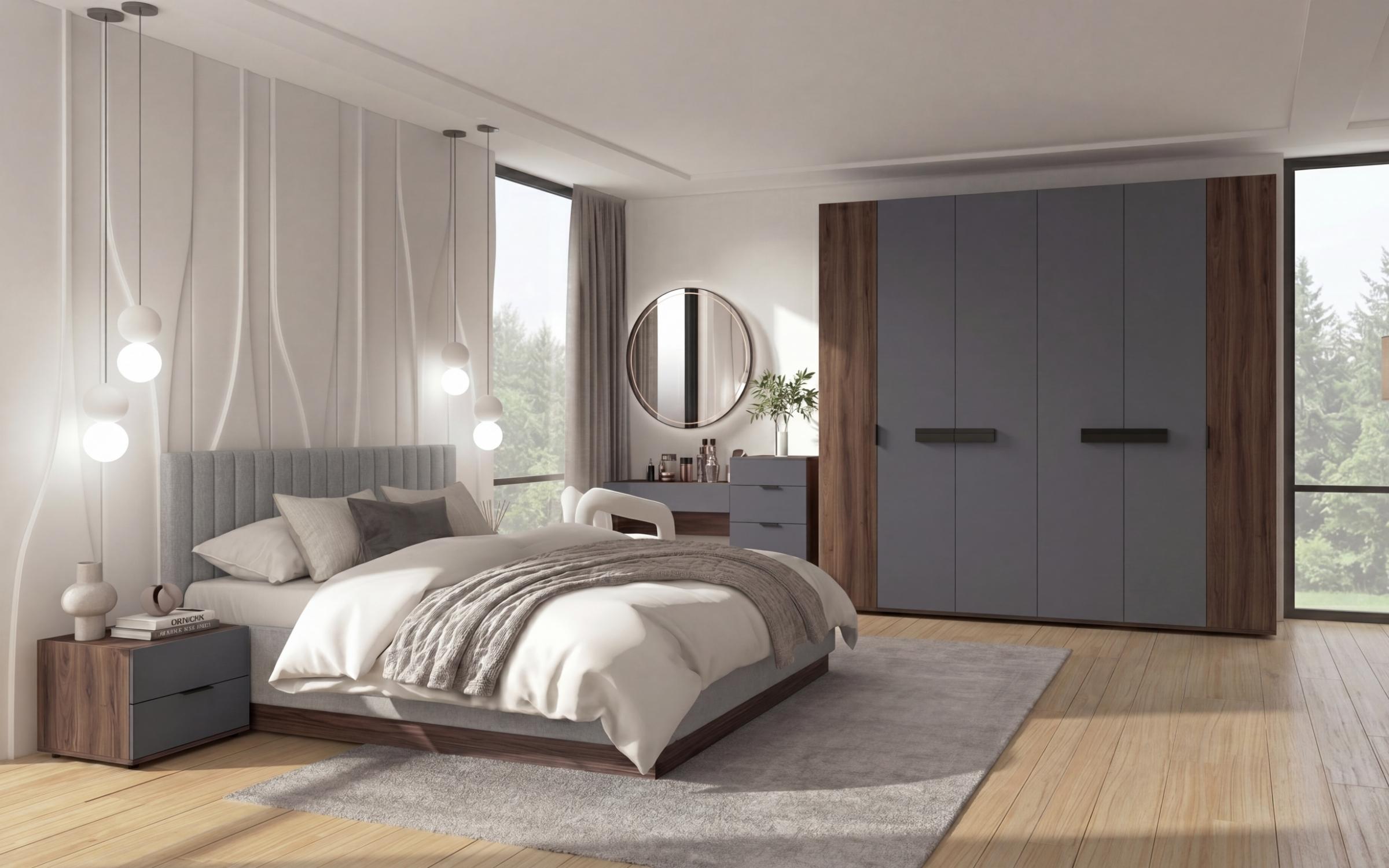 Bedroom furniture set for mattress 160/200 with built-in wireless phone charger Novela, dark Scandinavian oak + anthracite matt  1