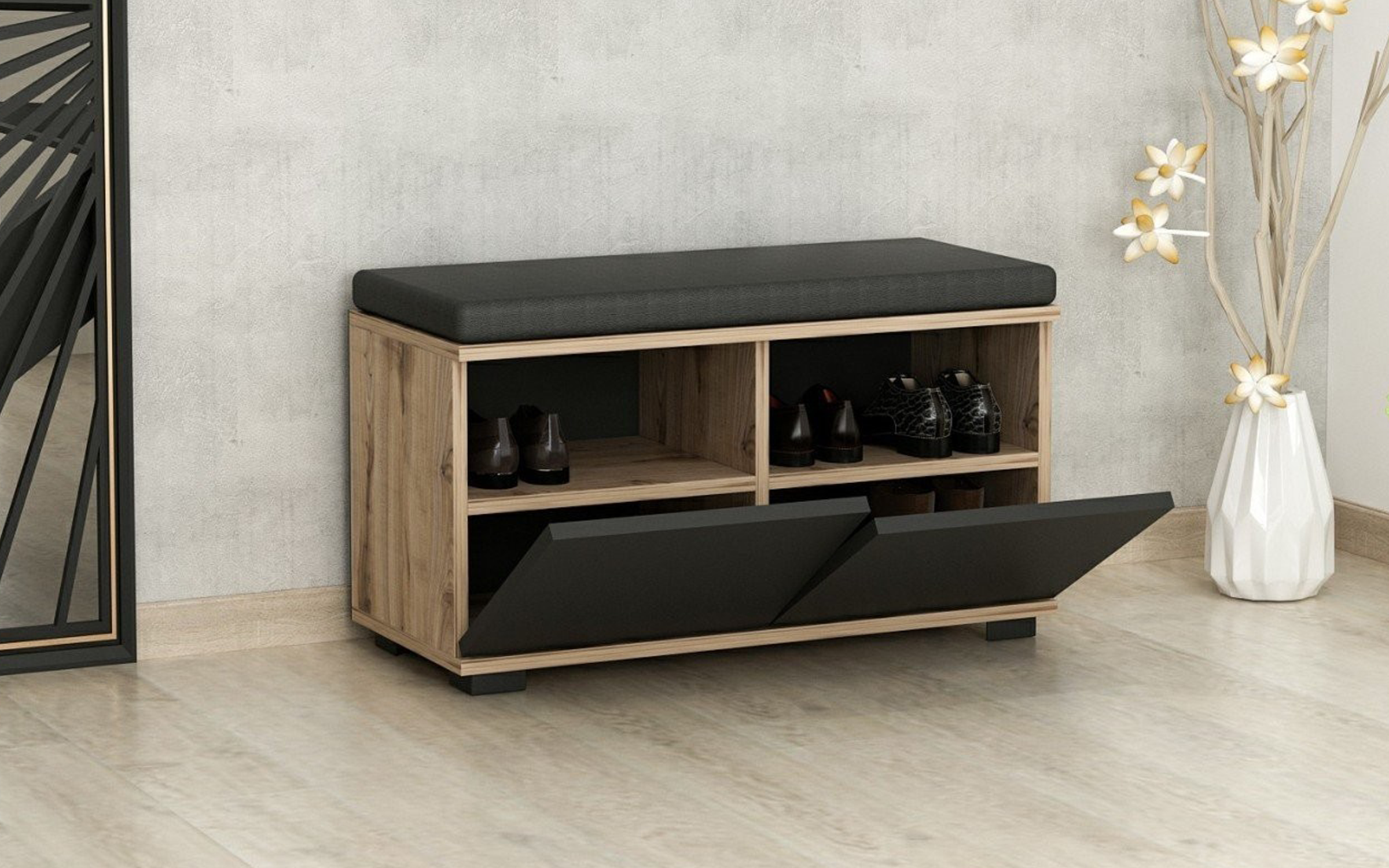 Shoe bench cabinet Arvin, walnut + black  4