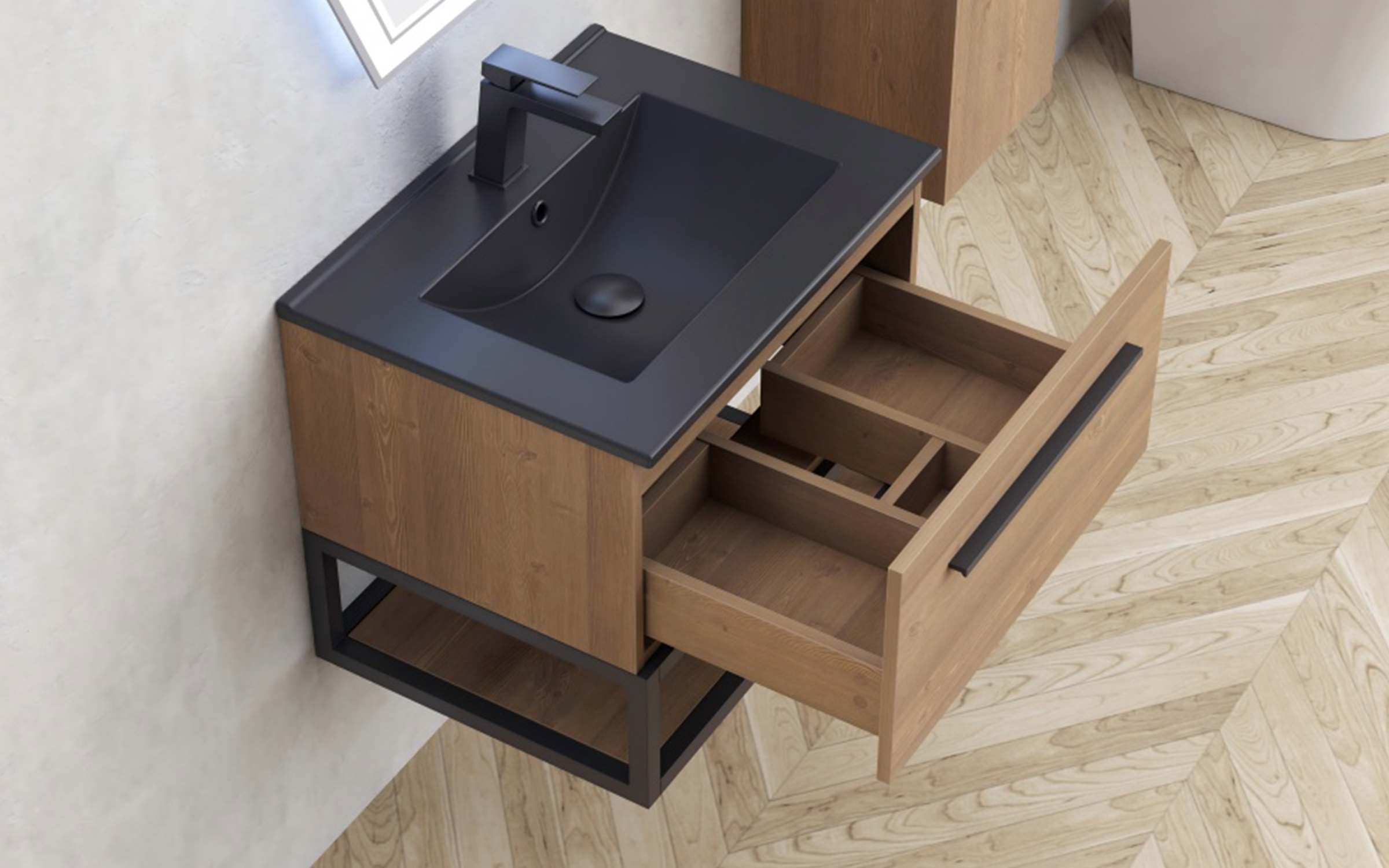 PVC bathroom cabinet with sink ICP6050-039 Simon, black matt + natural  2