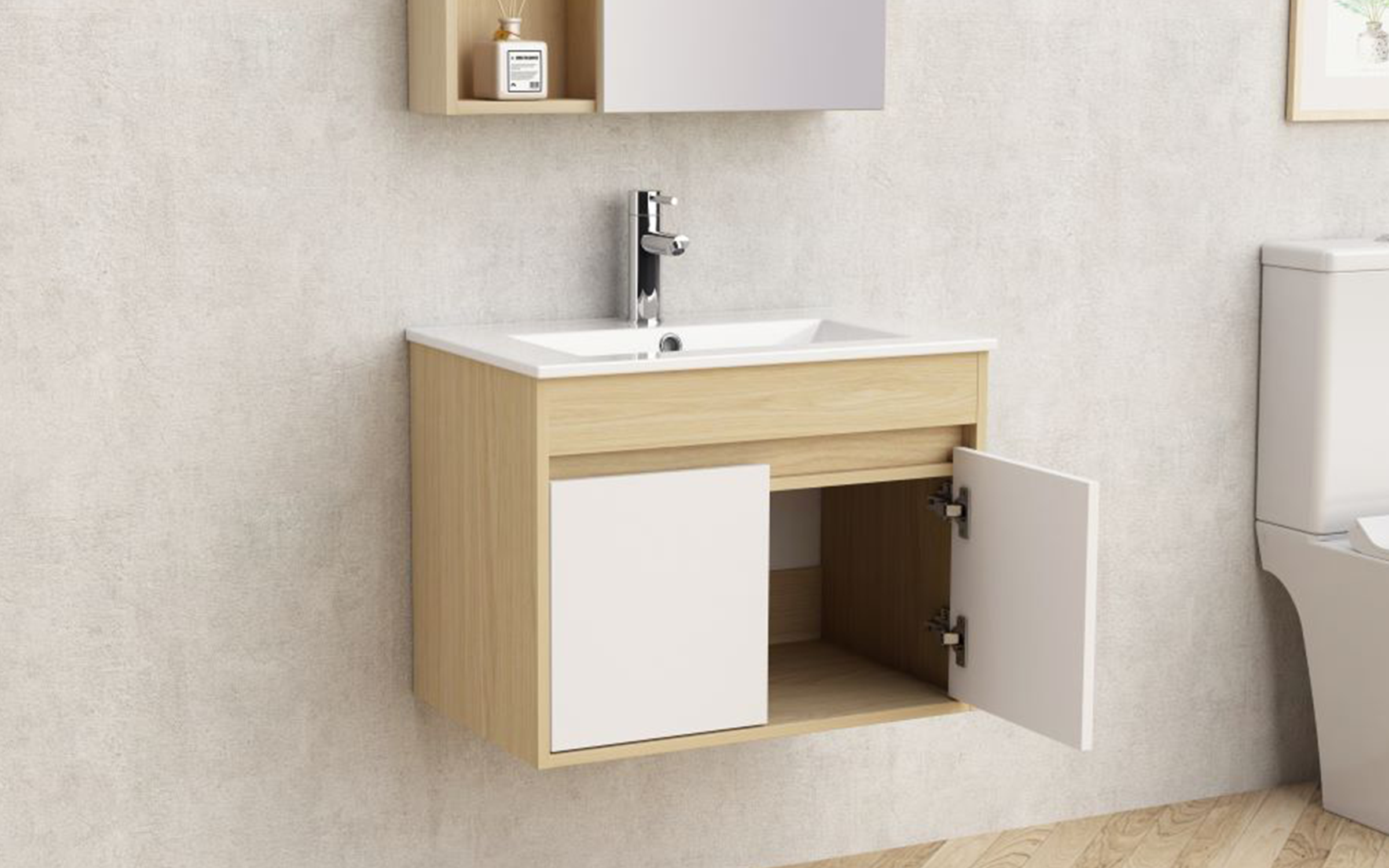 PVC bathroom cabinet with sink ICP6045-085, white + natural  4