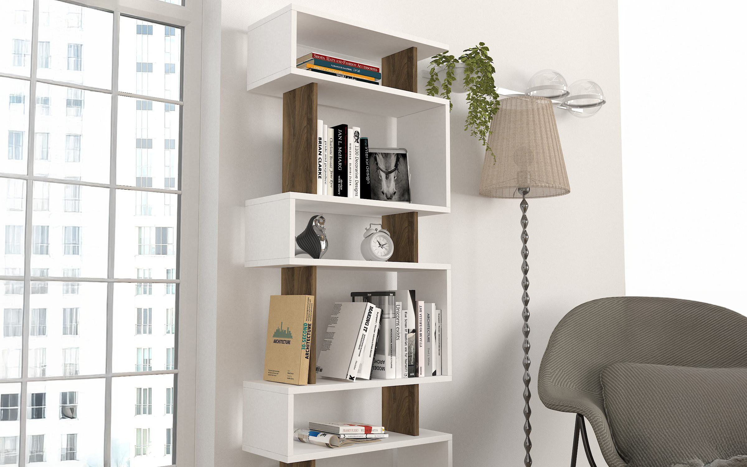 Bookcase Velina, white + walnut  3