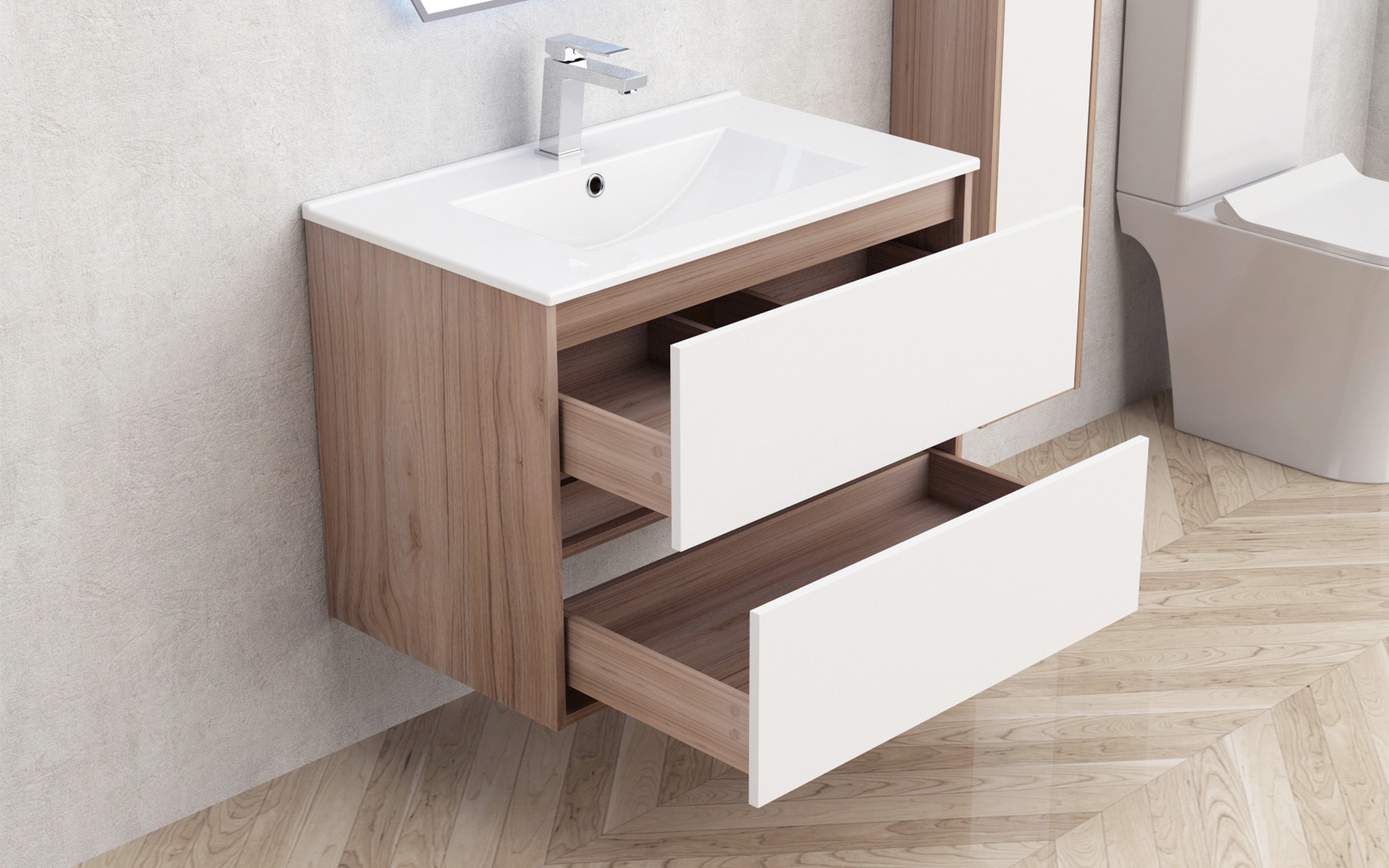 PVC bathroom cabinet with sink ICP7555, white + natural  2