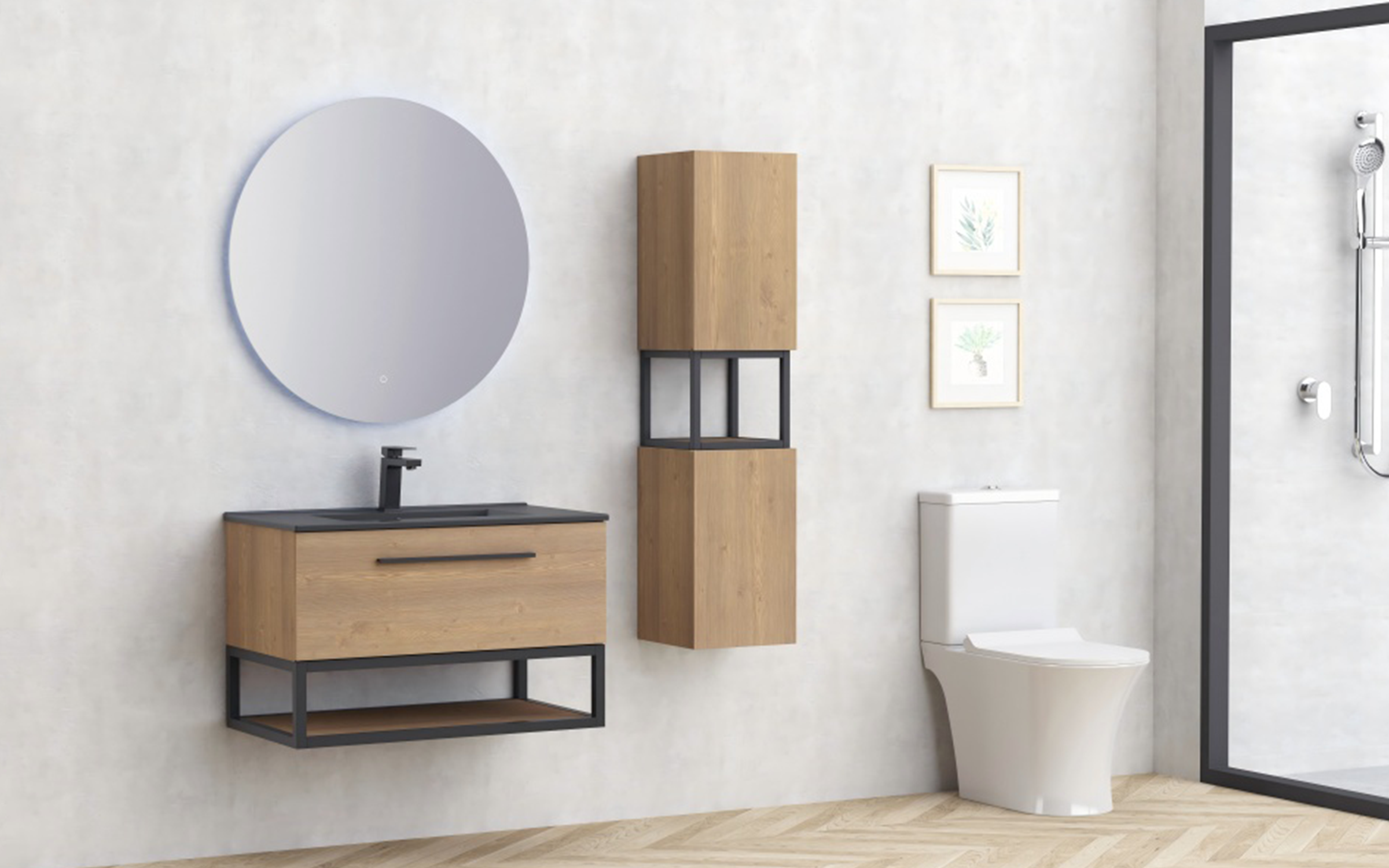 PVC bathroom cabinet with sink ICP8050-039 Simon, black matt + natural  3