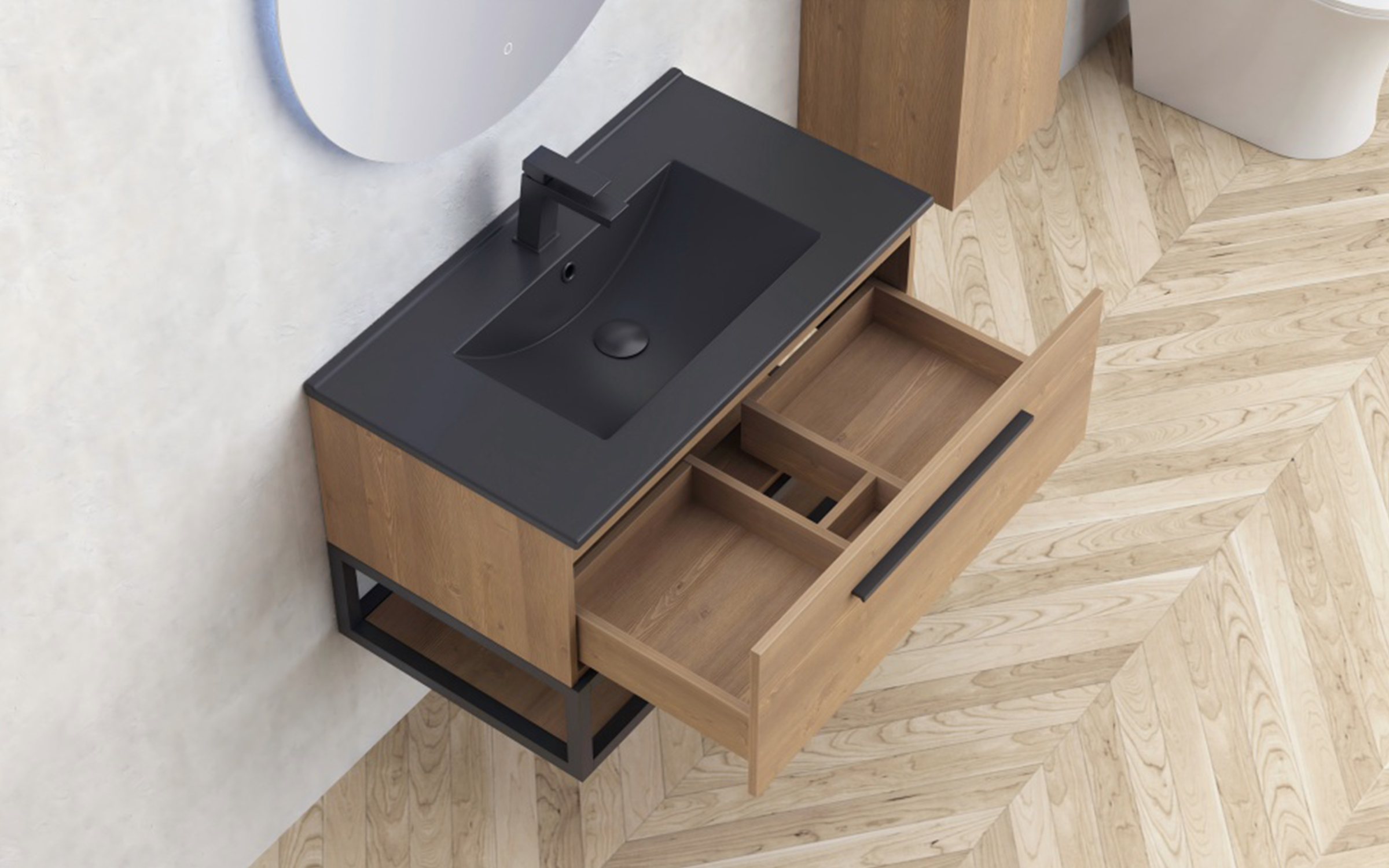 PVC bathroom cabinet with sink ICP8050-039 Simon, black matt + natural  2