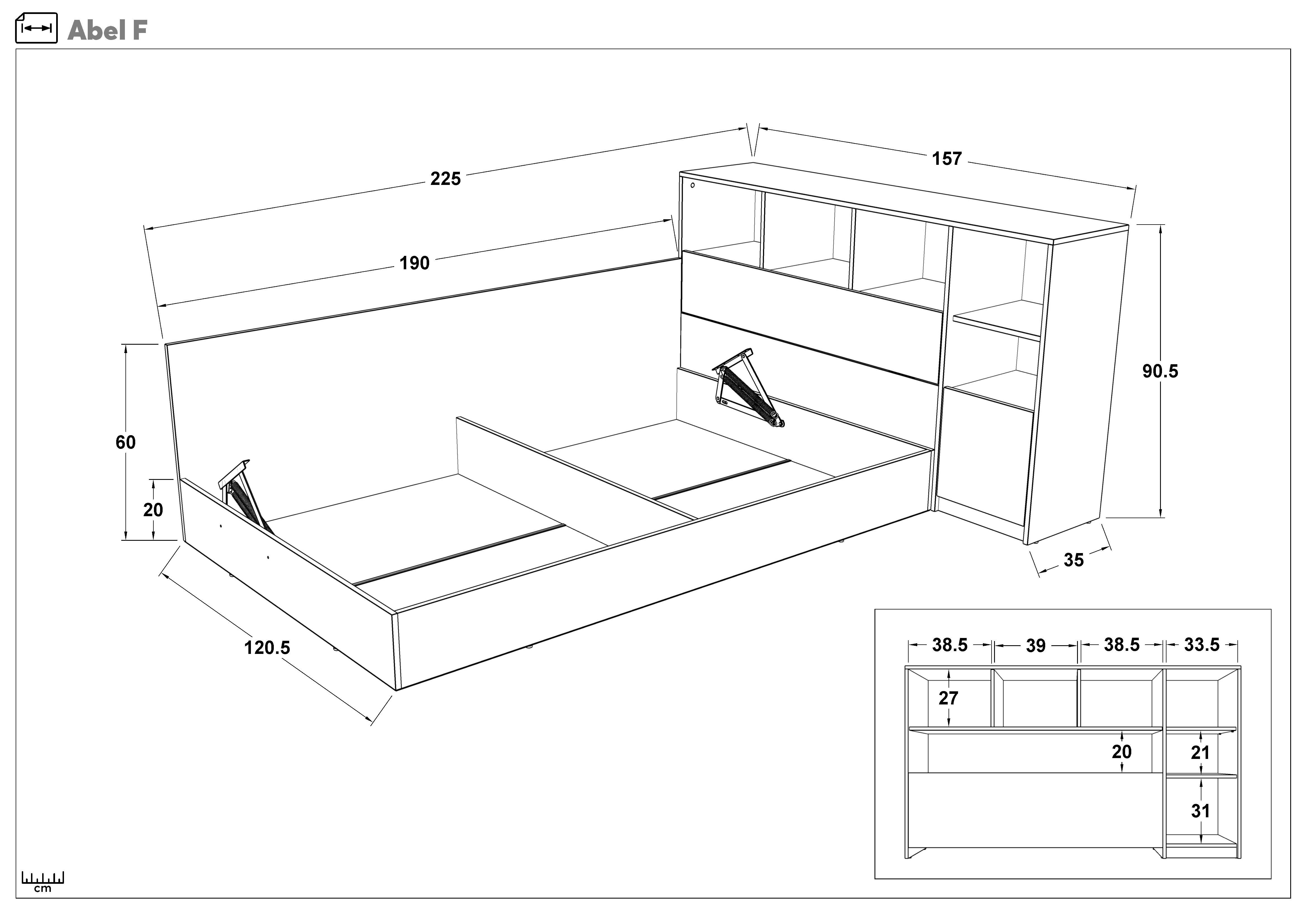 Bed + storage chest for mattress 120/190 Abel, white + Honey Castello oak  2