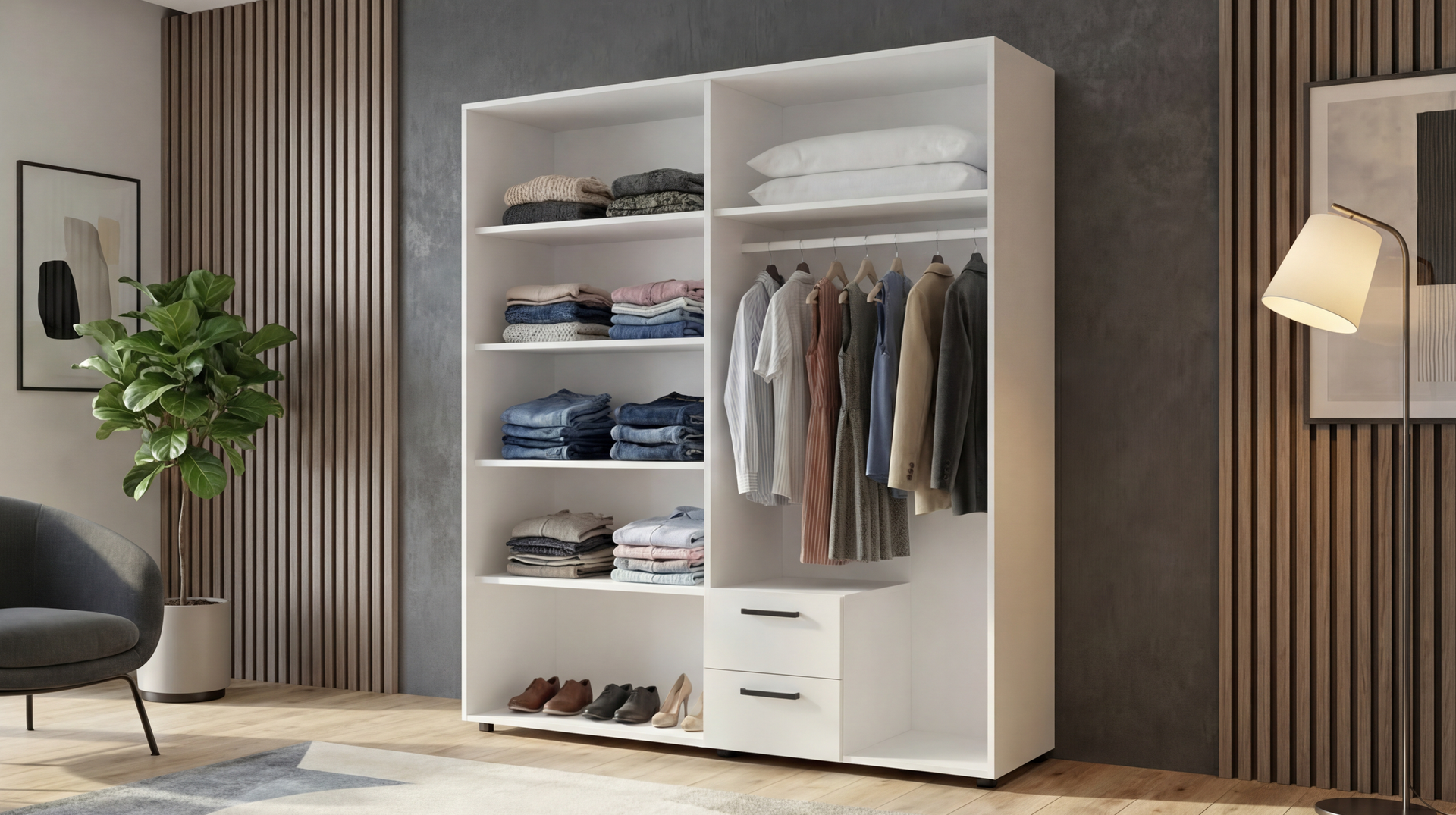 Wardrobe with clothes rod and shelves Bruno L 2, white  3