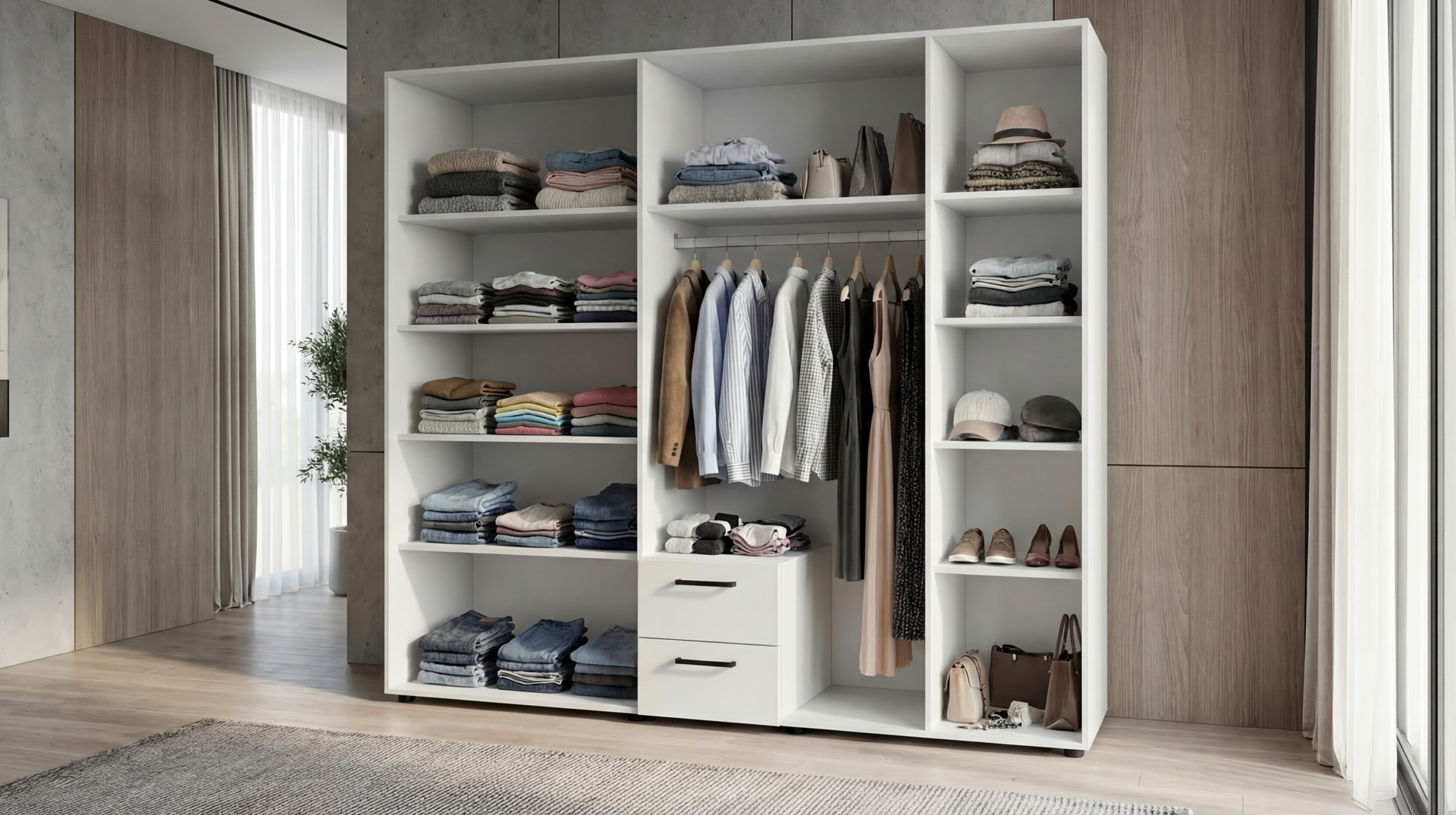 Wardrobe with clothes rod and shelves Bruno XL 2, white  3