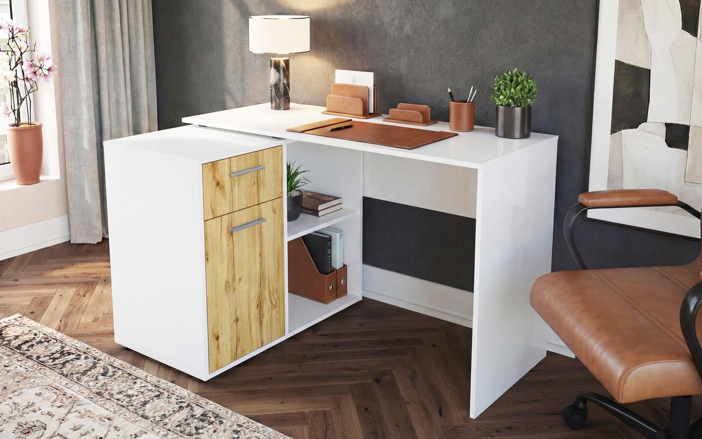 Desk Aster, white gloss + Wotan oak  3