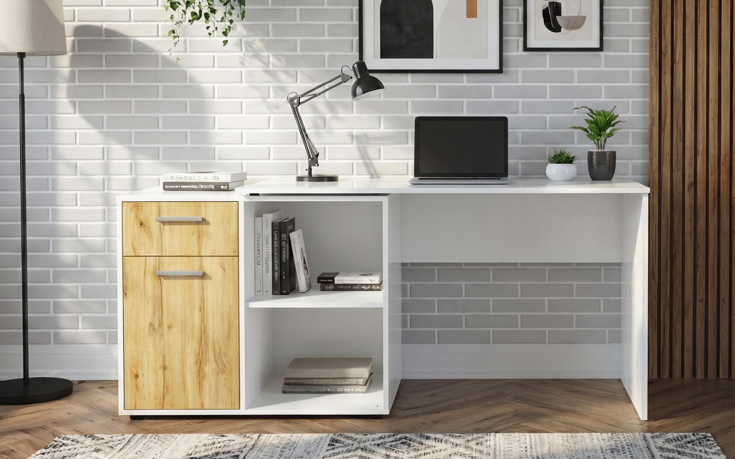 Desk Aster, white gloss + Wotan oak  4