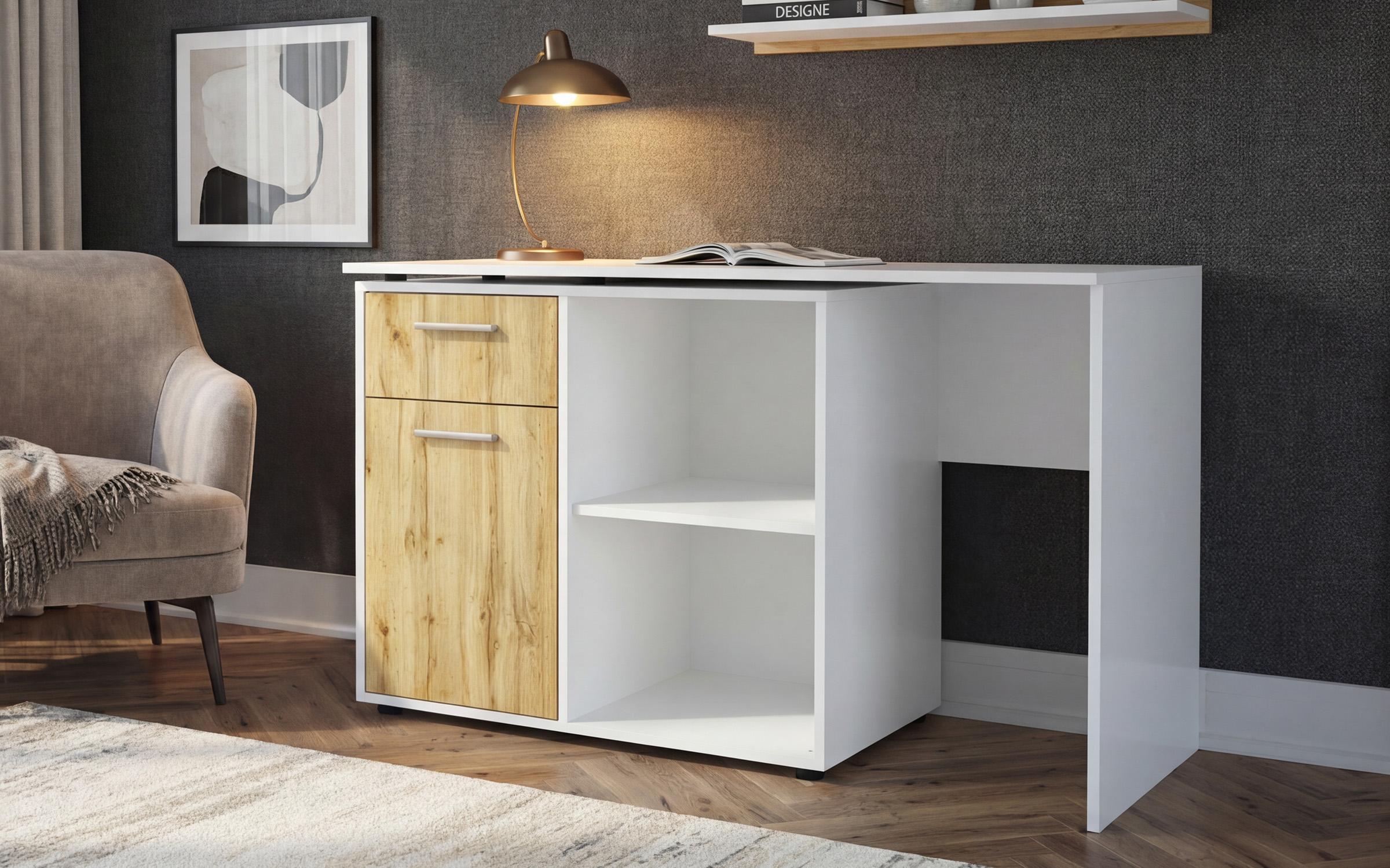 Desk Aster, white gloss + Wotan oak  2