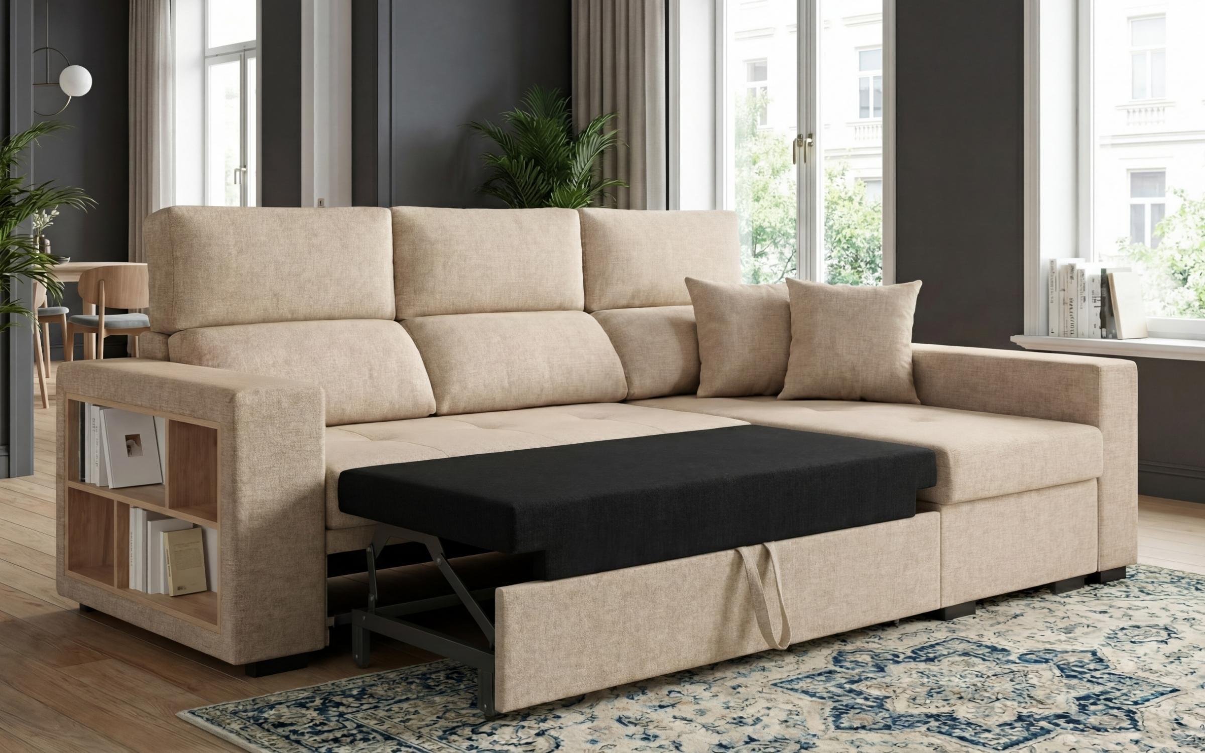 Extendable corner sofa with shelf armrest Astor, beige  6