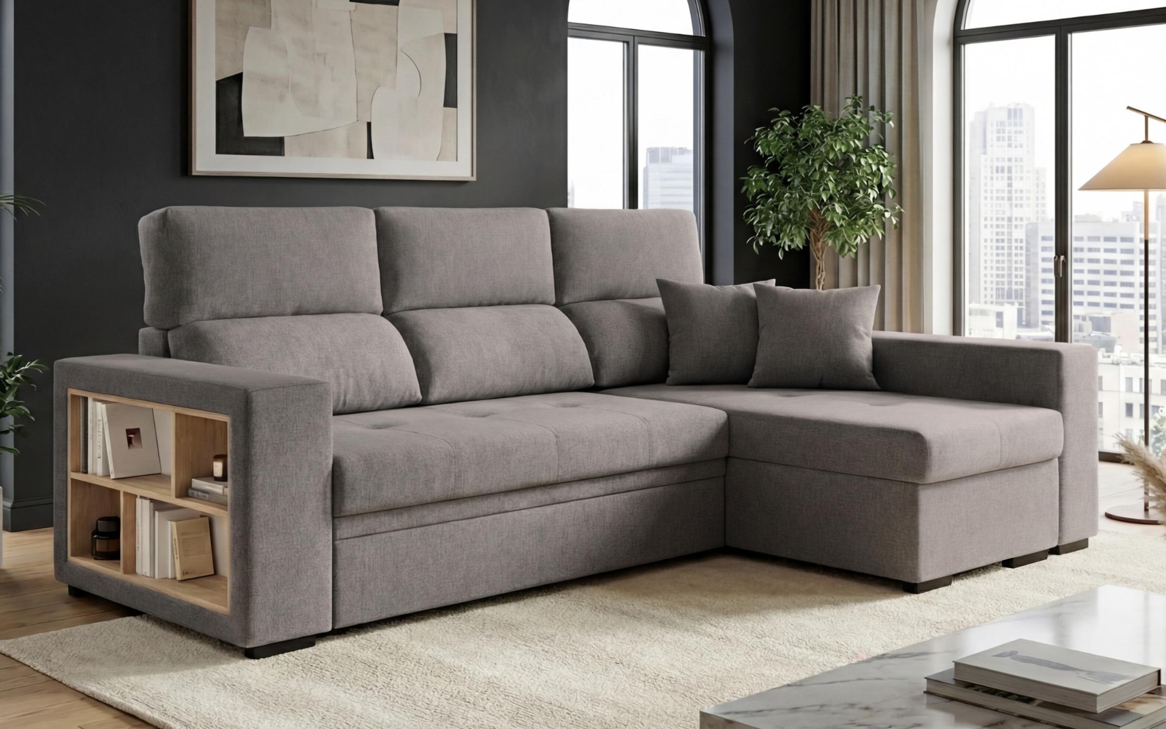 Extendable corner sofa with shelf armrest Astor, grey  1