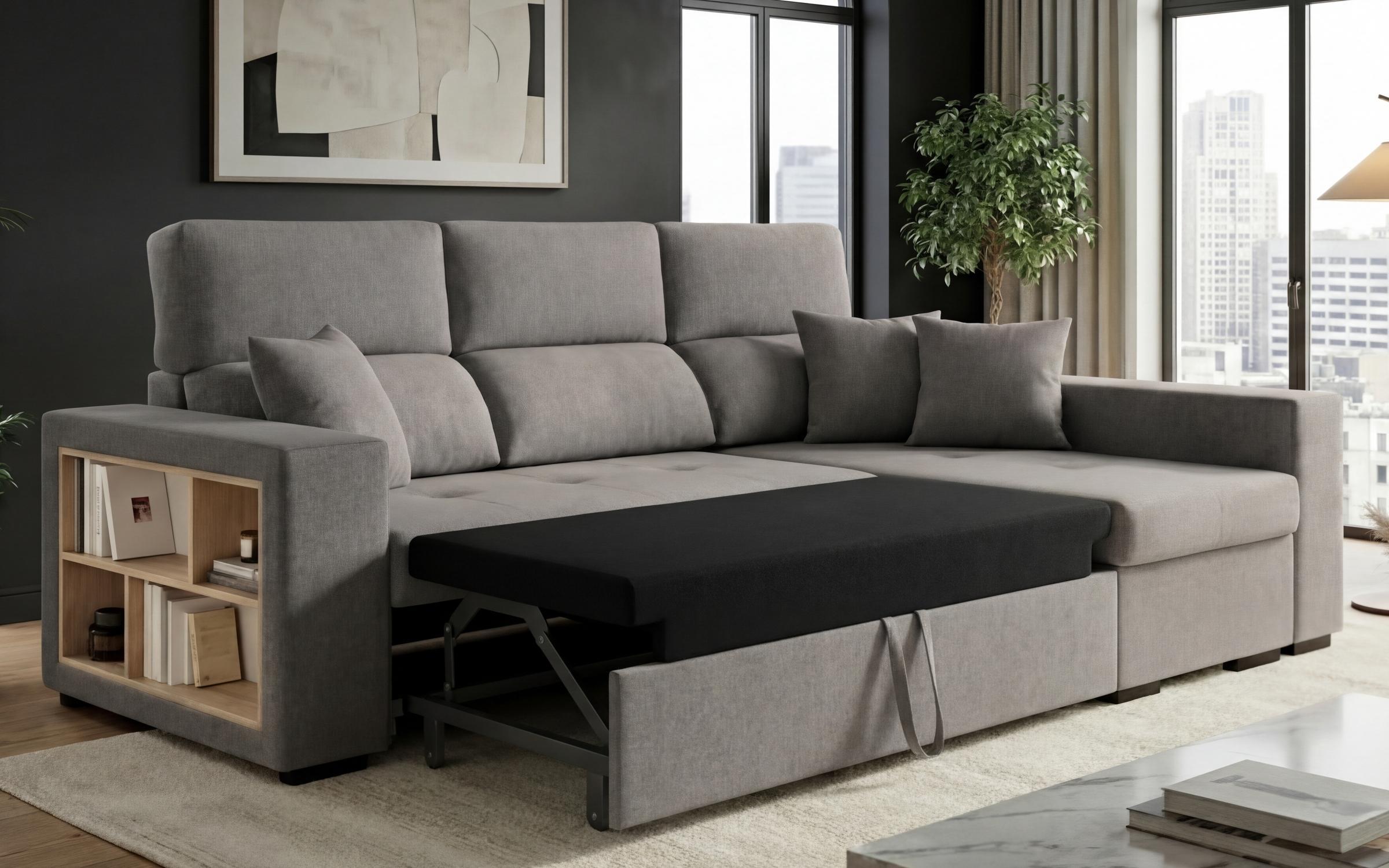 Extendable corner sofa with shelf armrest Astor, grey  7