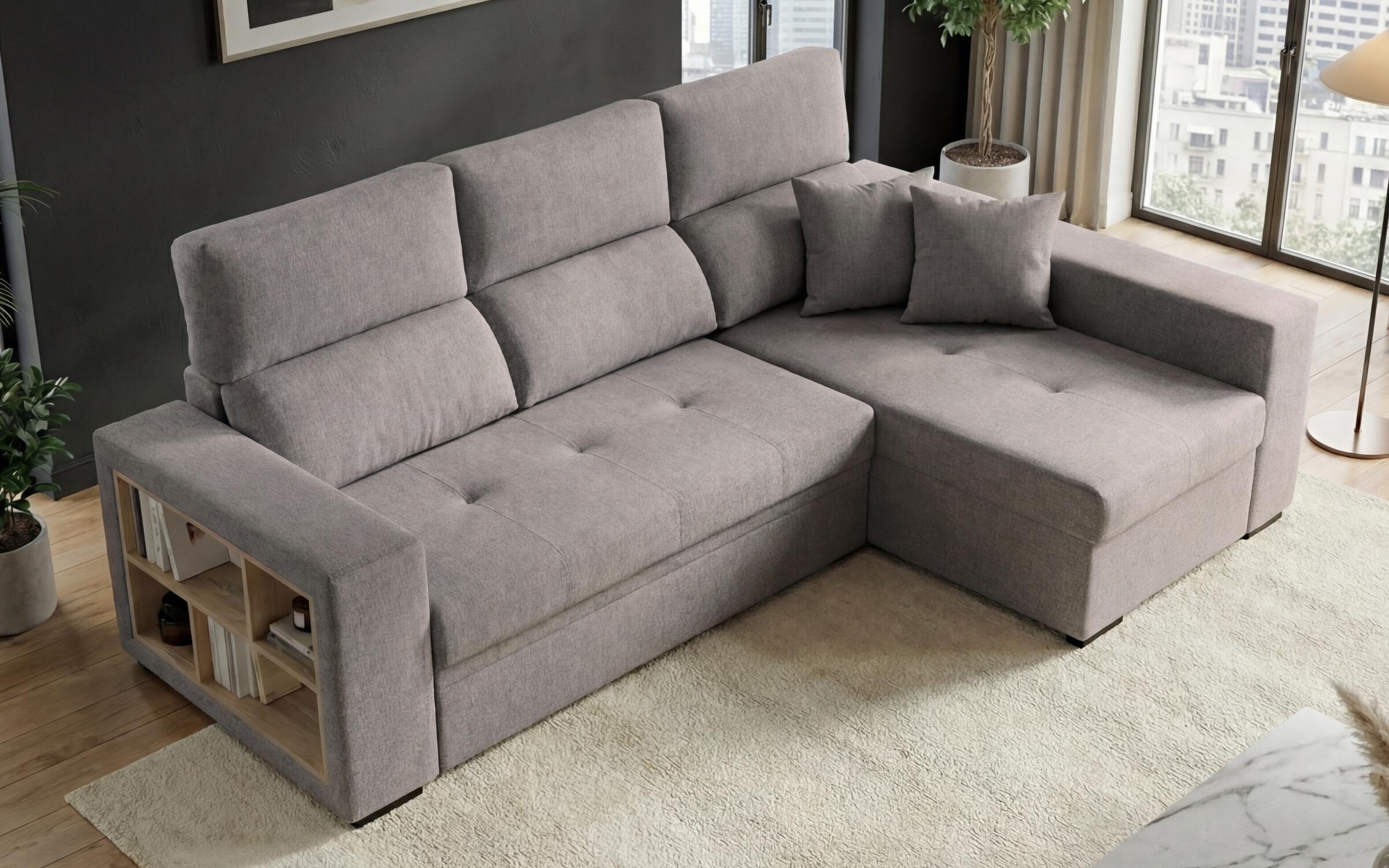 Extendable corner sofa with shelf armrest Astor, grey  5