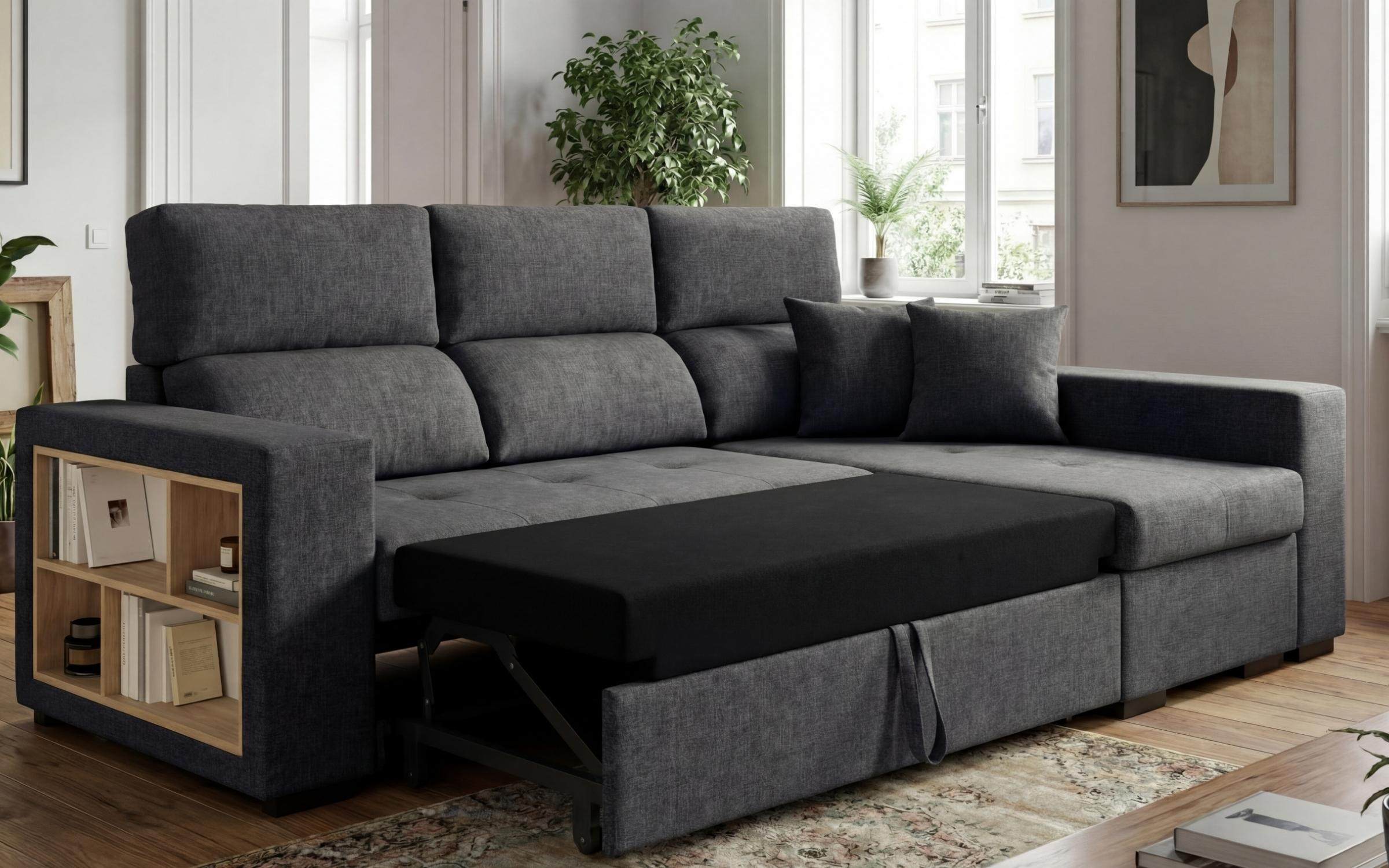 Extendable corner sofa with shelf armrest Astor, dark grey  6