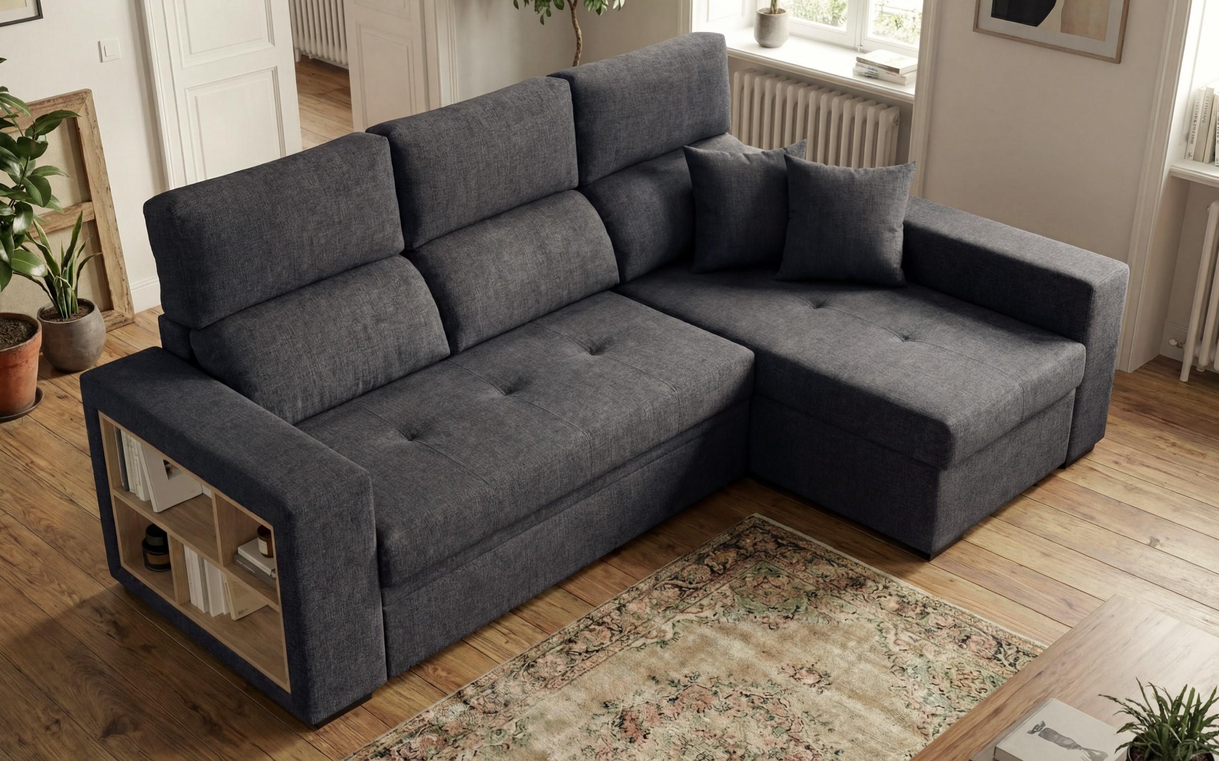 Extendable corner sofa with shelf armrest Astor, dark grey  4