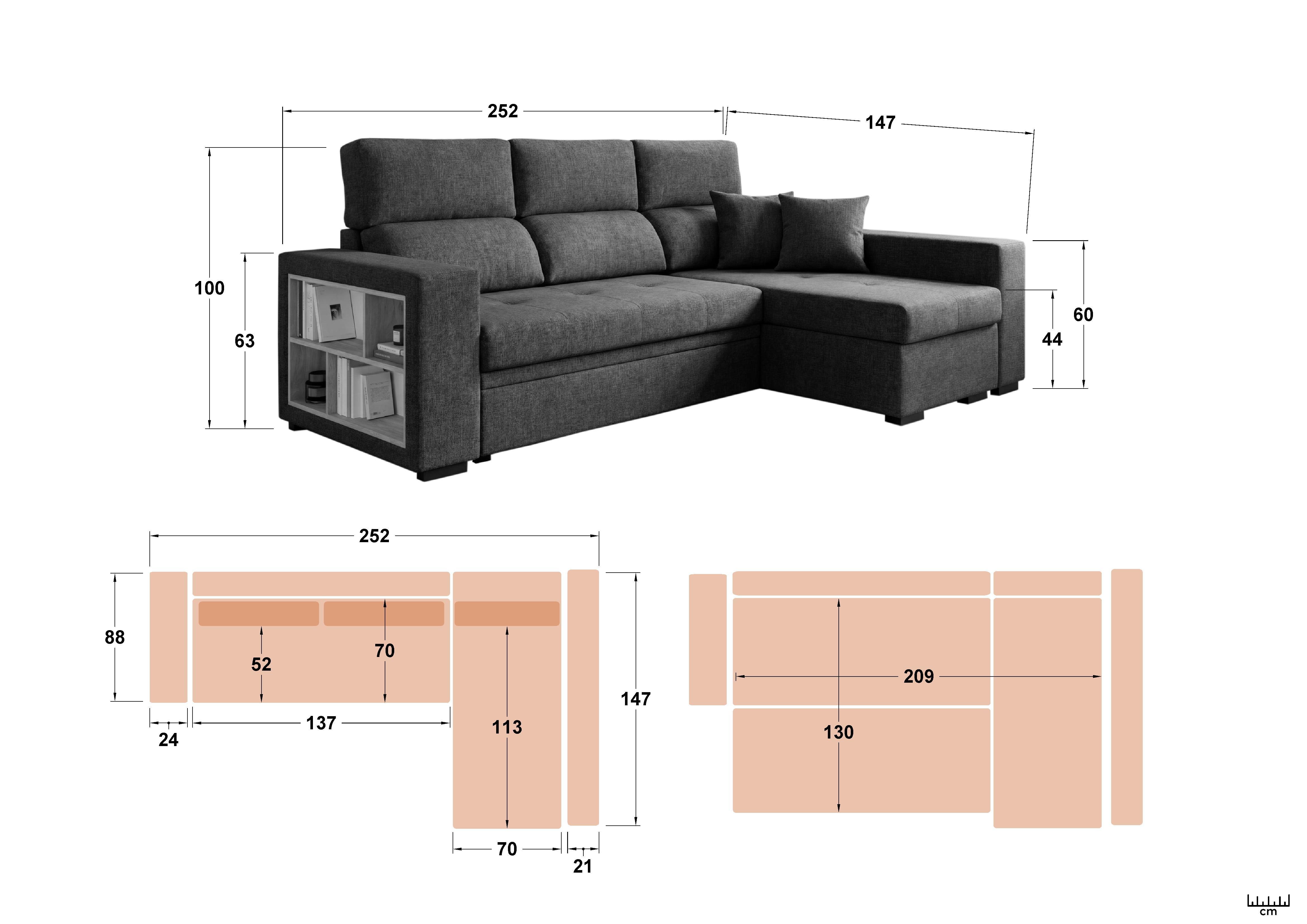Extendable corner sofa with shelf armrest Astor, dark grey  2