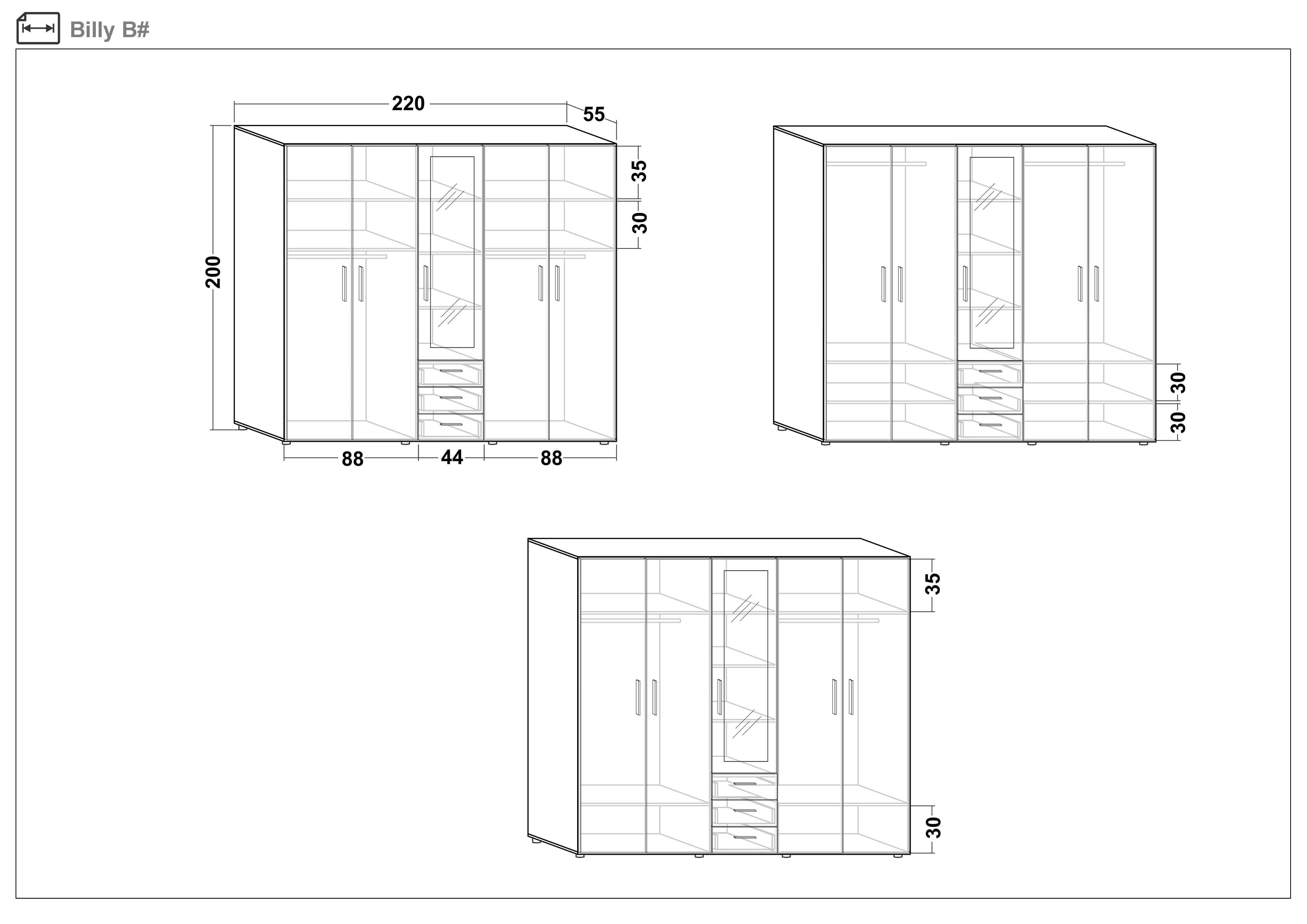 Multi-door wardrobe with drawers and mirror Billy, Sonoma oak  2