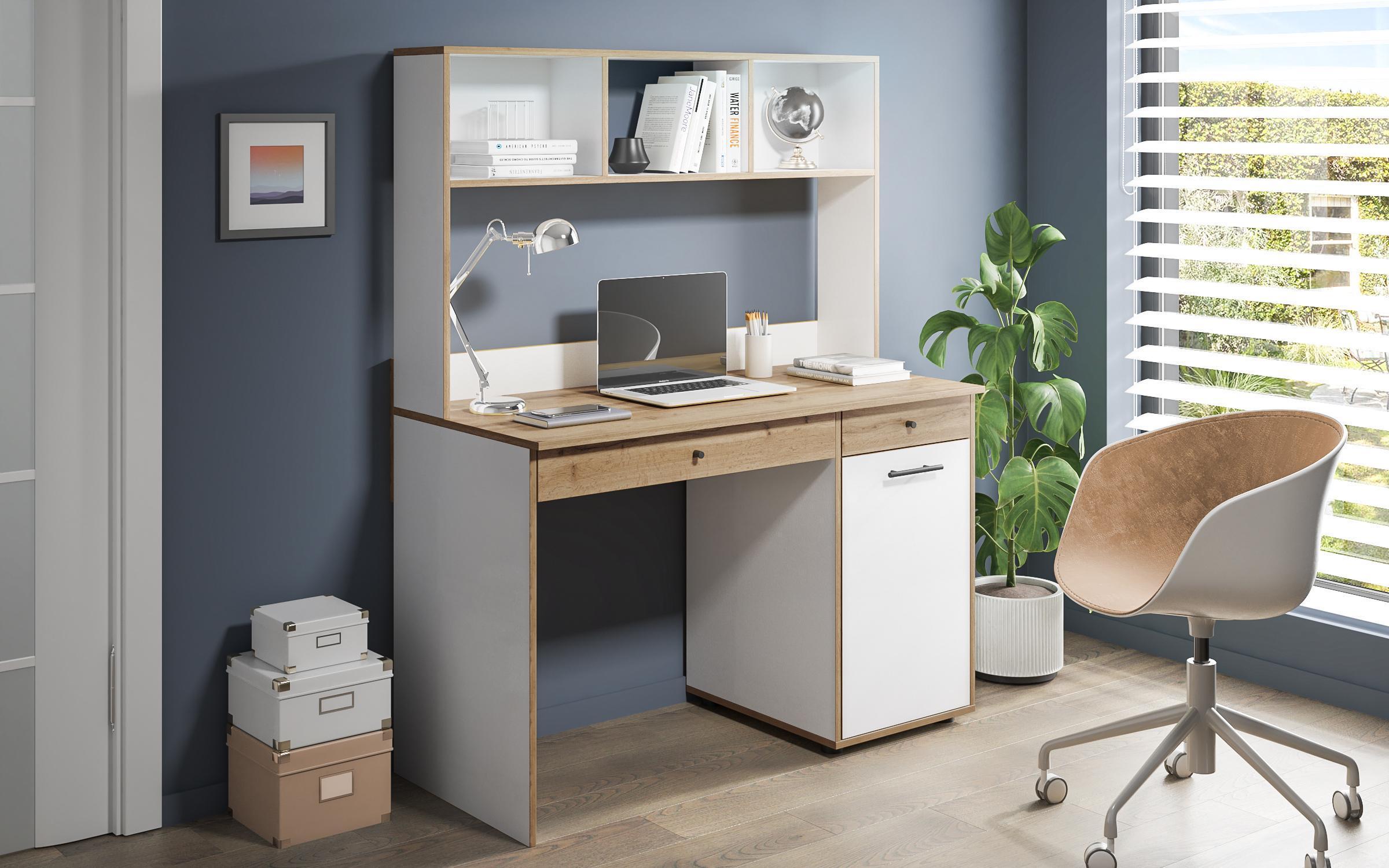 Desk with shelf Camiro, white matt + Wotan oak  1