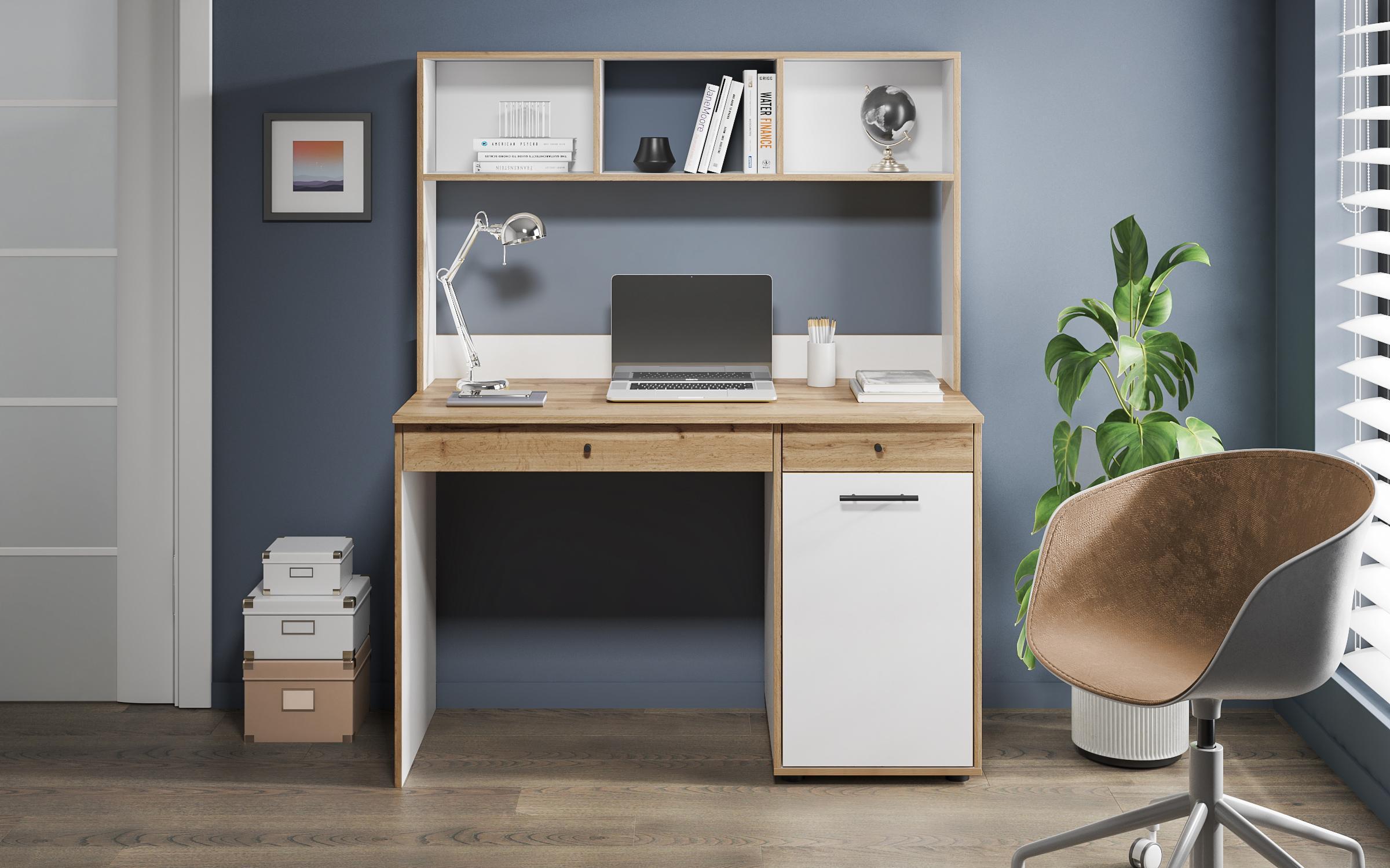 Desk with shelf Camiro, white matt + Wotan oak  2