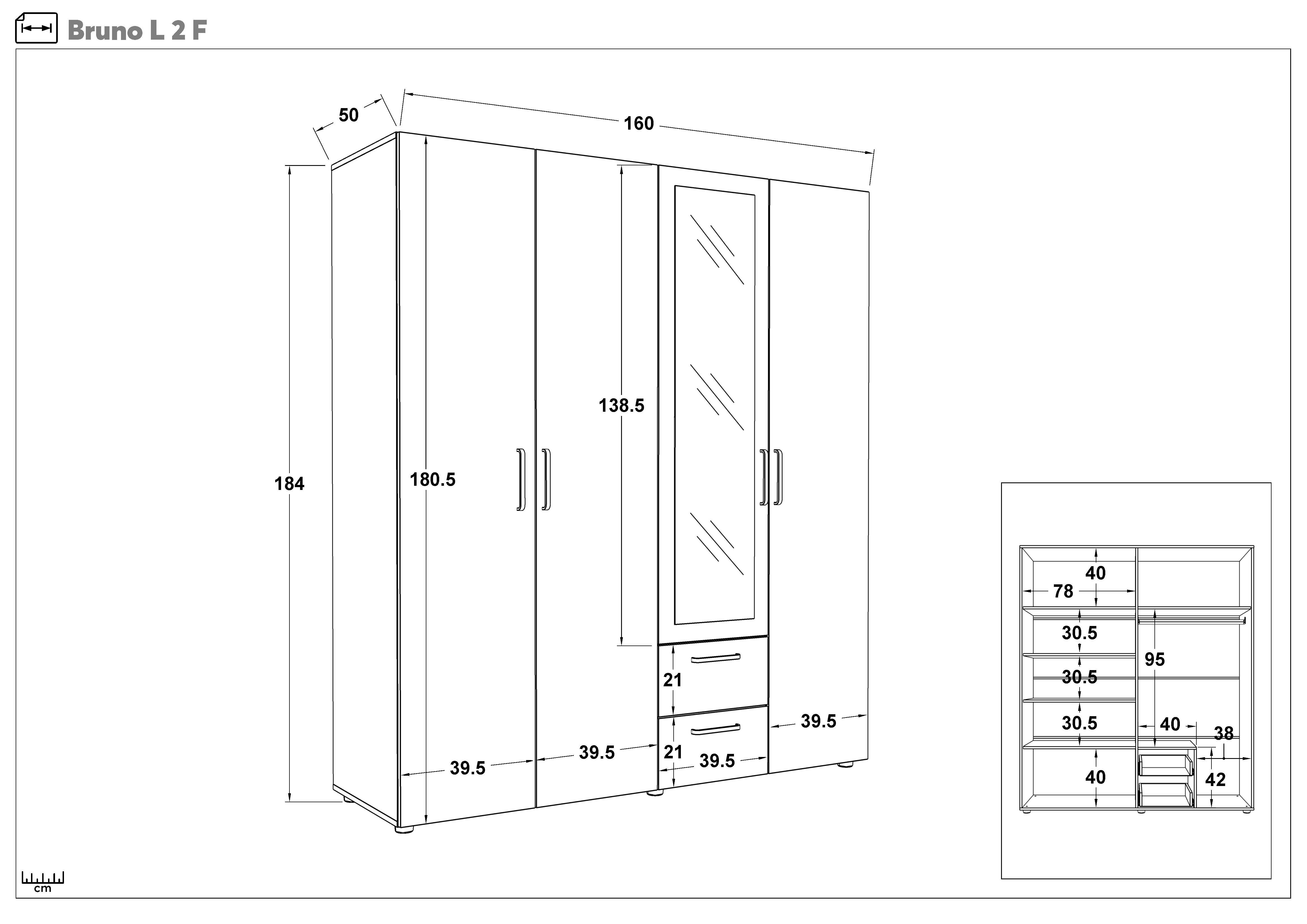 Wardrobe with clothes rod and shelves Bruno L 2, white  2