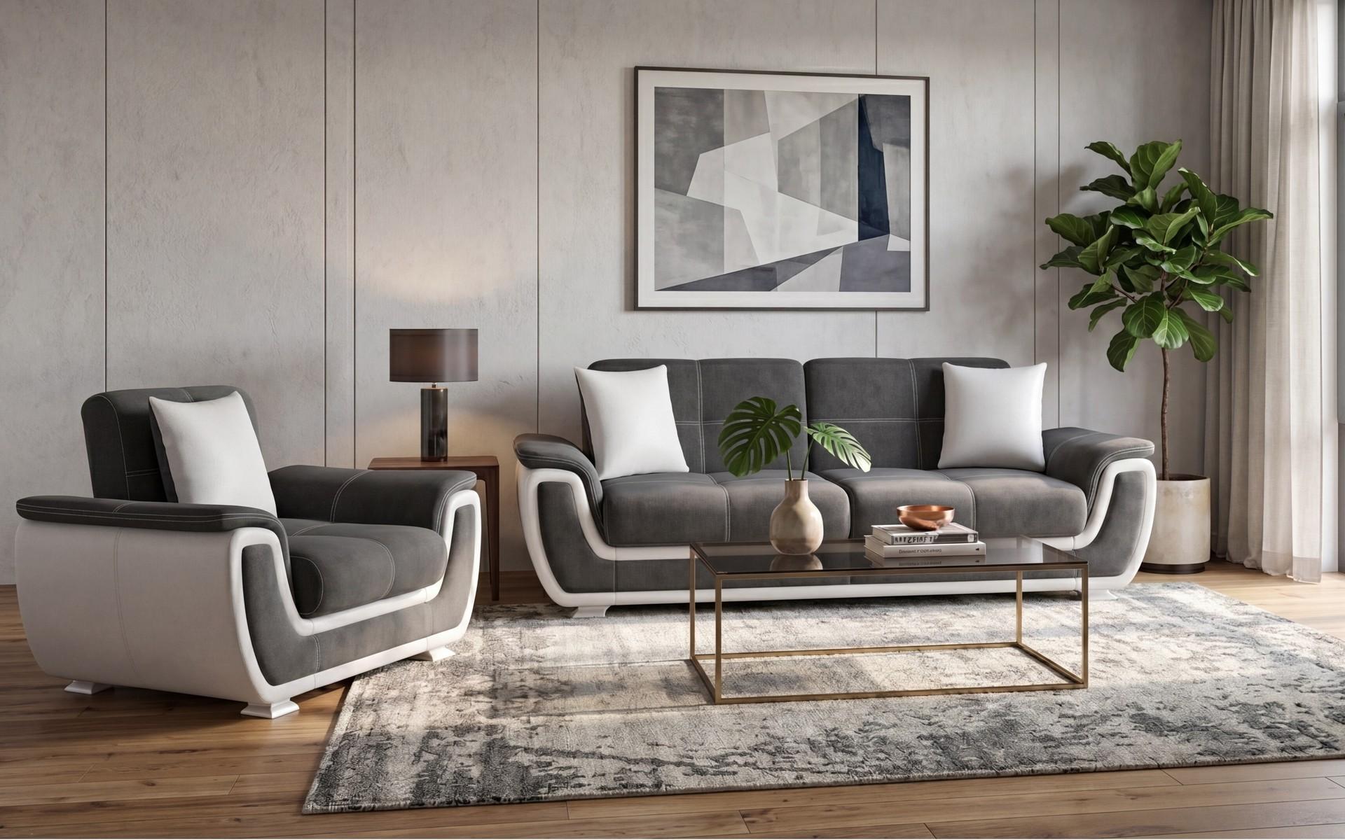 Two-seater sofa + armchair Princess ΙΙ, grey + white leather  1