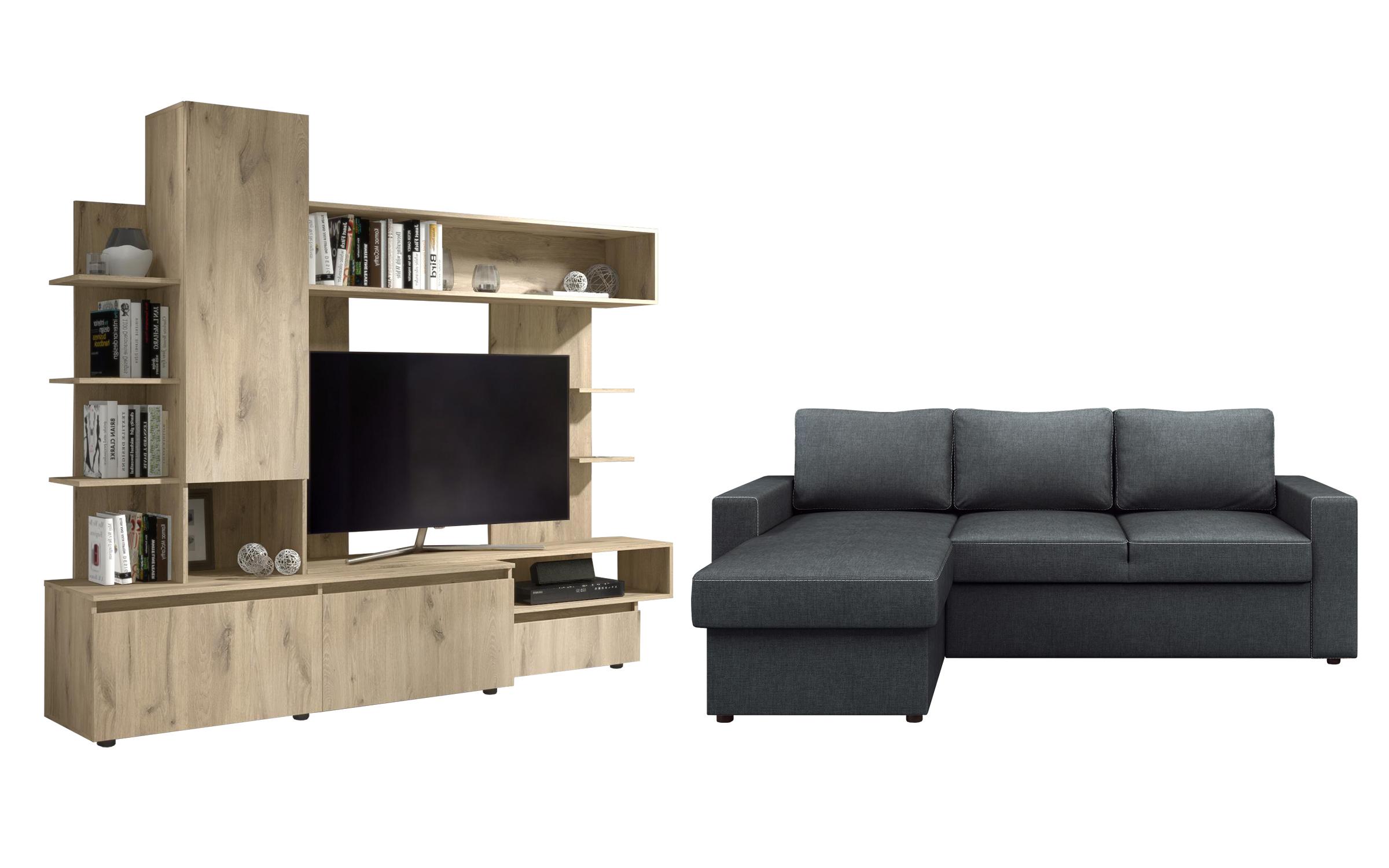 Sofa Alba + shelf unit Terra 1, graphite + light Scandinavian oak  1