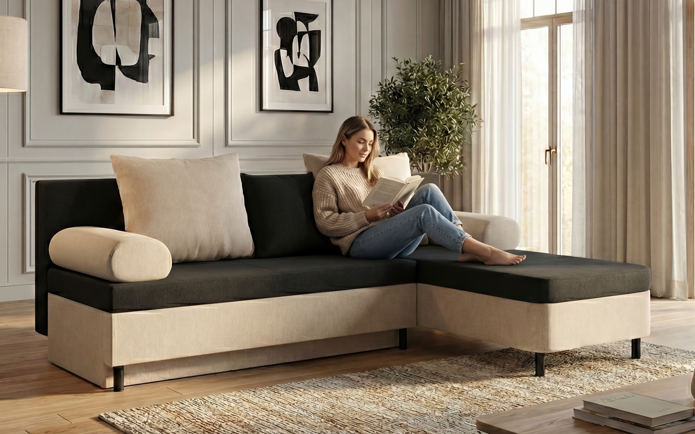 Extendable corner sofa Danny M, black + beige  5