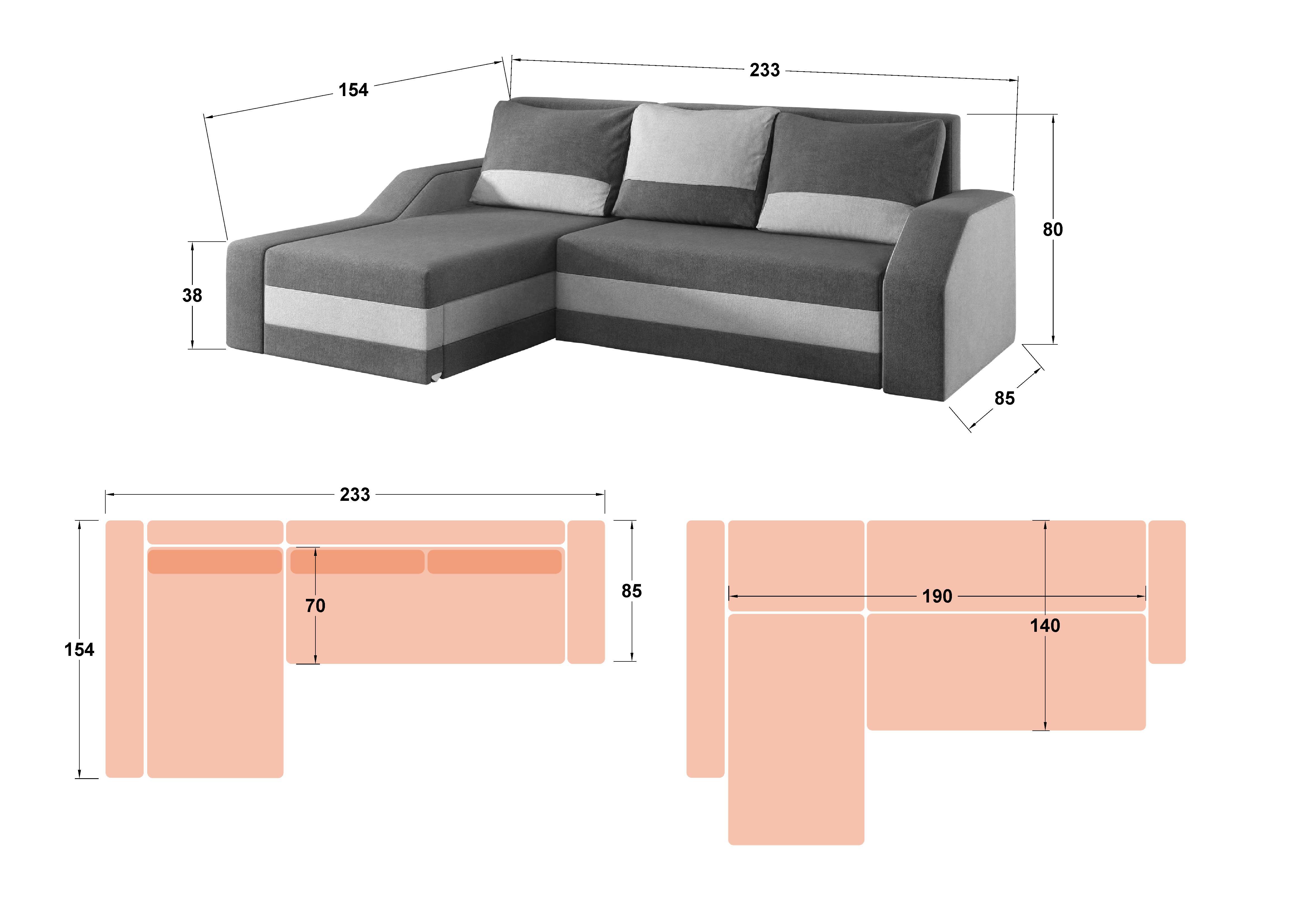 Extendable corner sofa Dallas, graphite + dark grey  2
