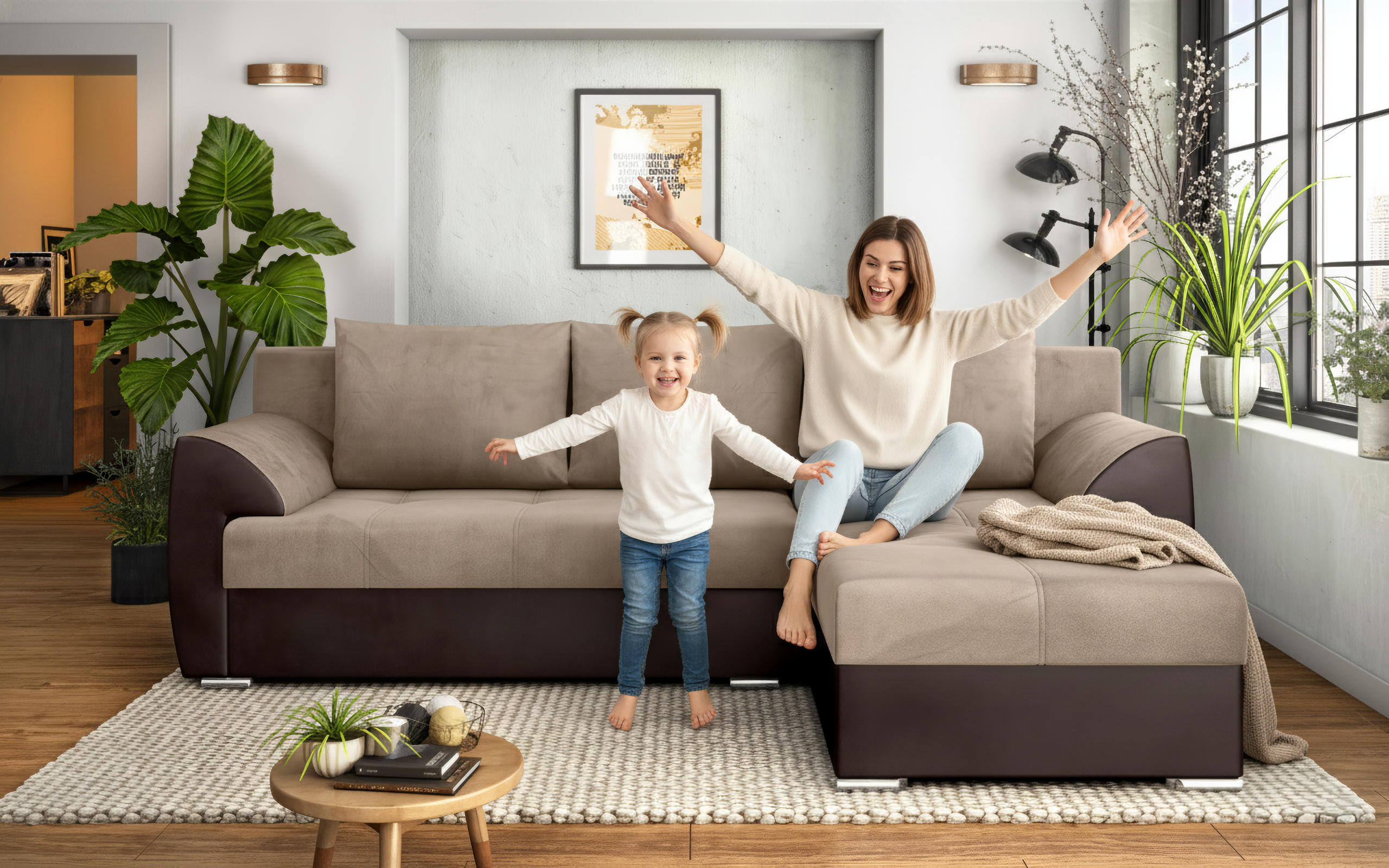 Extendable corner sofa Deman, beige + brown leather  3