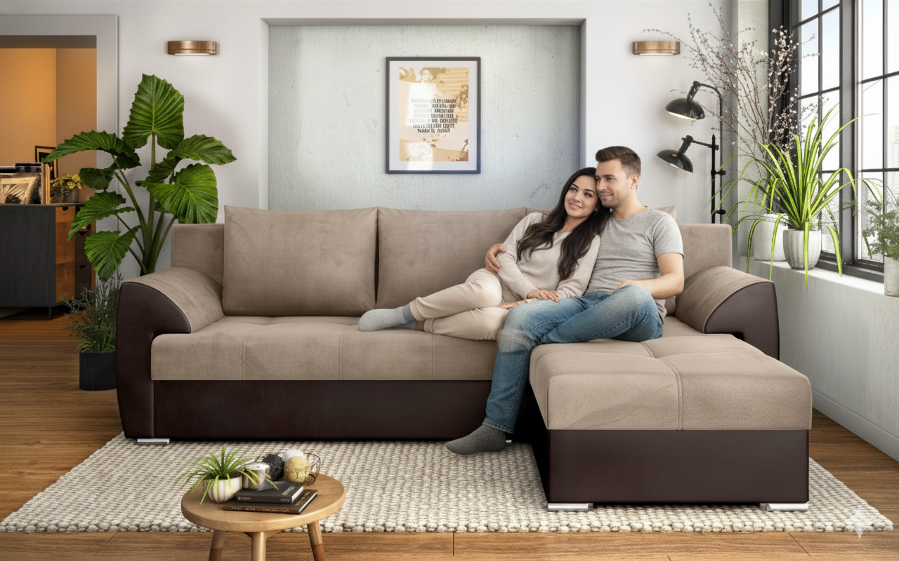 Extendable corner sofa Deman, beige + brown leather  4