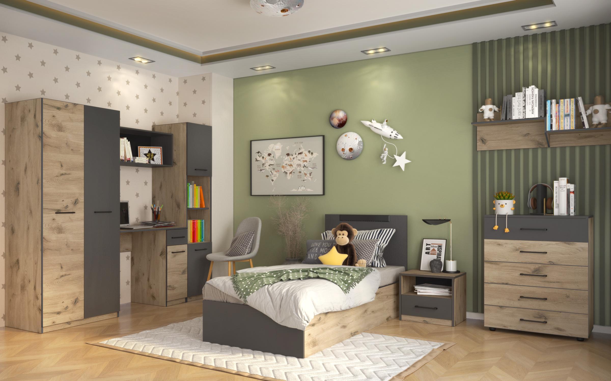 Bedroom furniture set for children's room 90/200 Giselle + mattress, anthracite matt + light Scandinavian oak  1