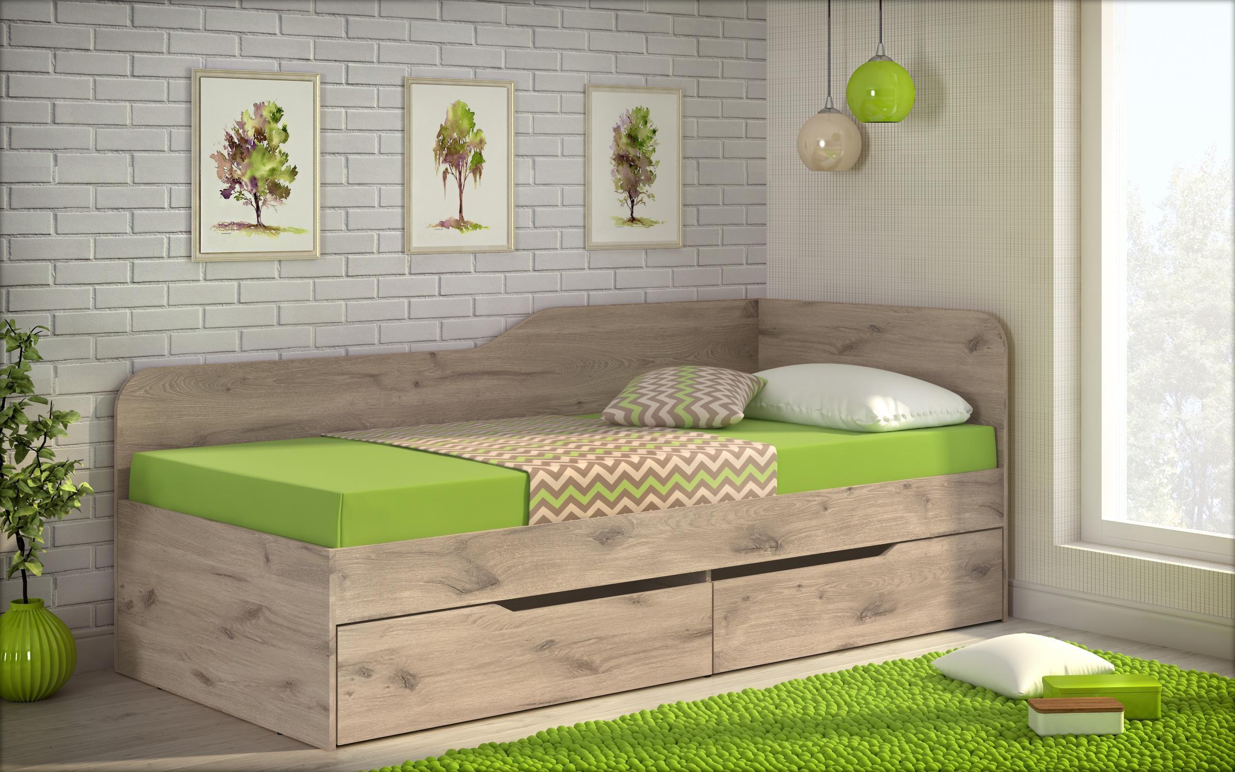 Bed + drawers for mattress 90/200 Amiko, light Scandinavian oak  1
