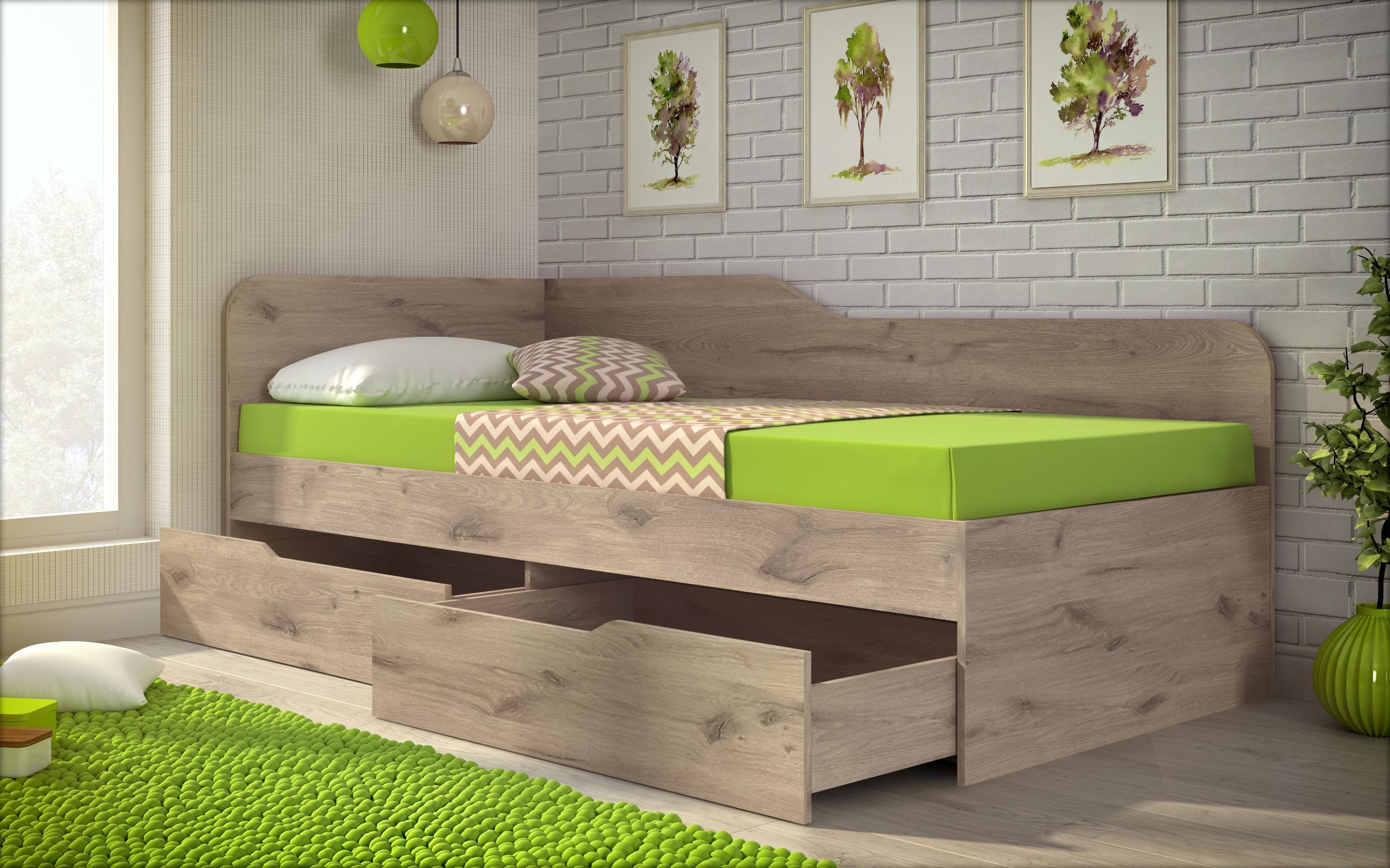 Bed + drawers for mattress 90/200 Amiko, light Scandinavian oak  4