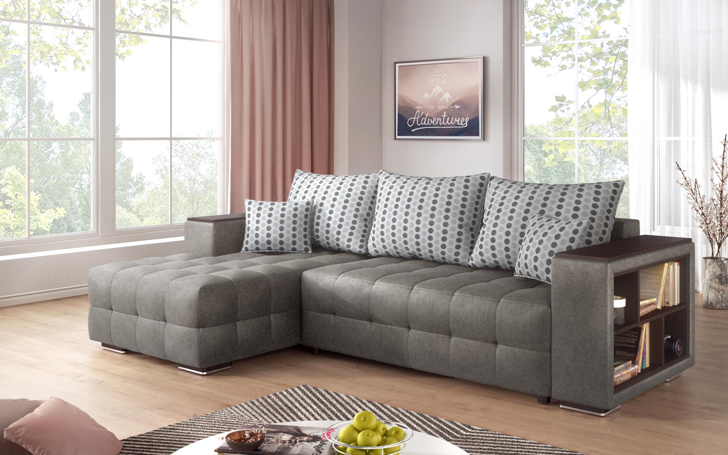 Extendable corner sofa with shelf armrest Melvin S, grey  4