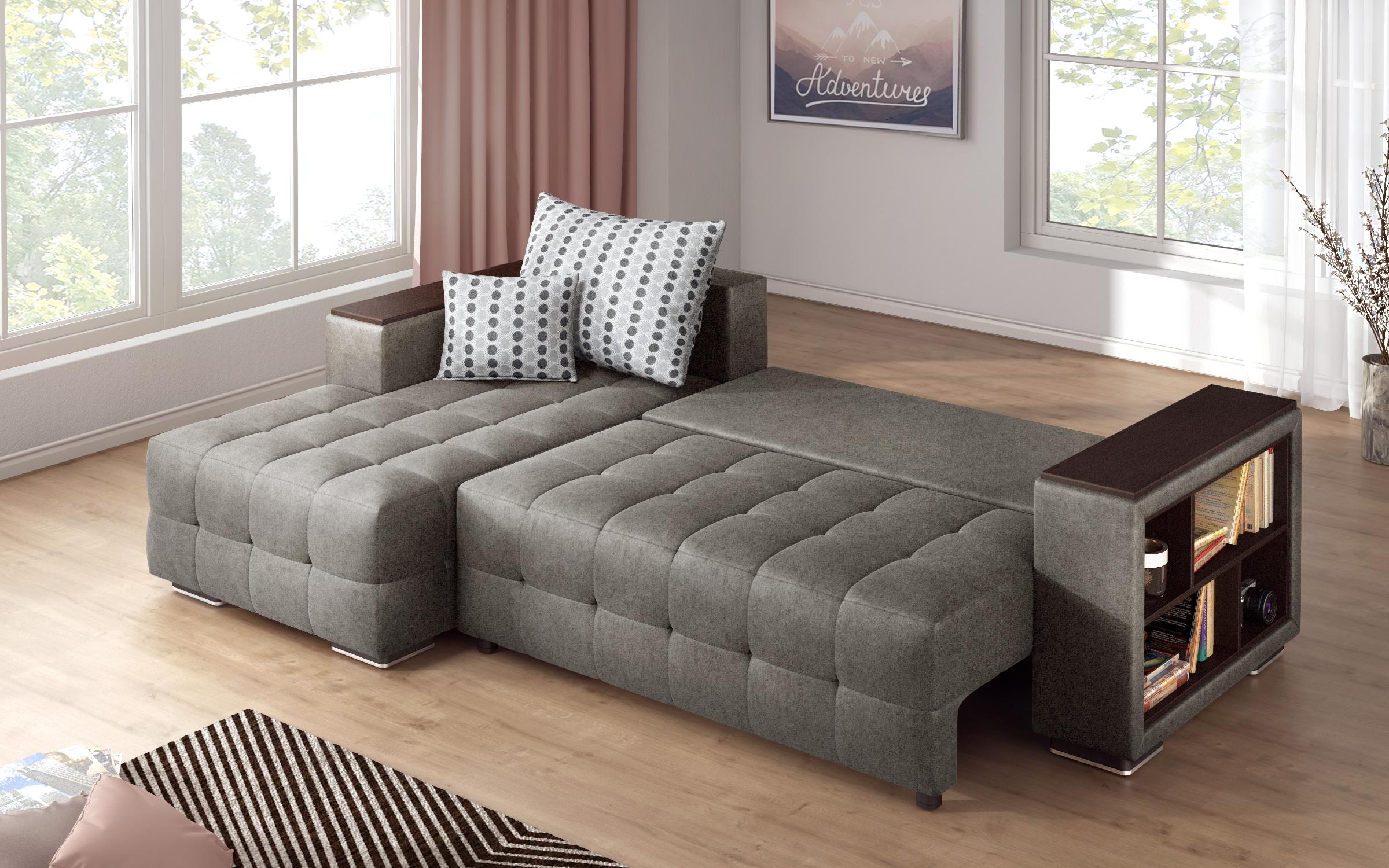 Extendable corner sofa with shelf armrest Melvin S, grey  5