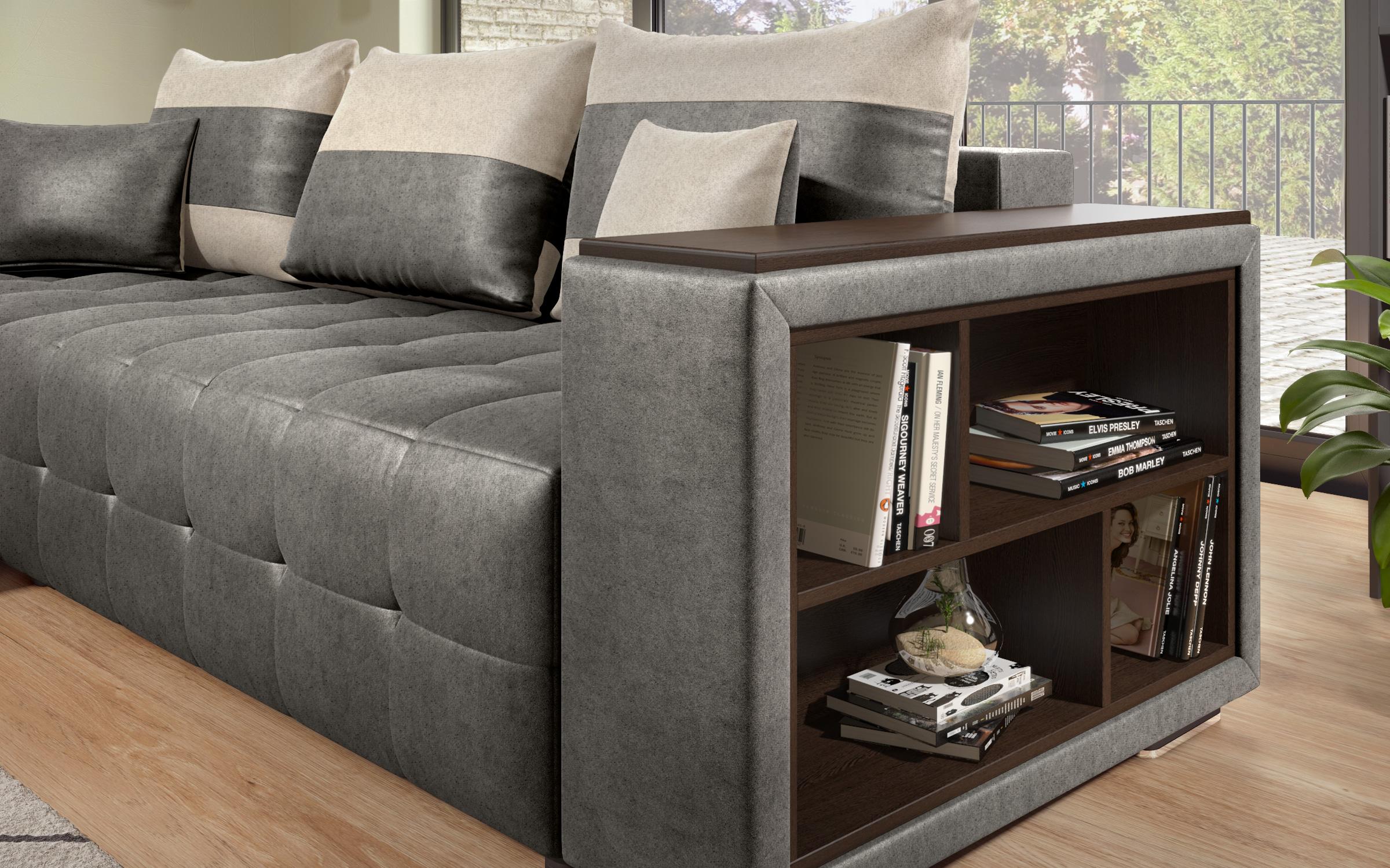 Extendable corner sofa with shelf armrest Melvin S, grey + light beige  7