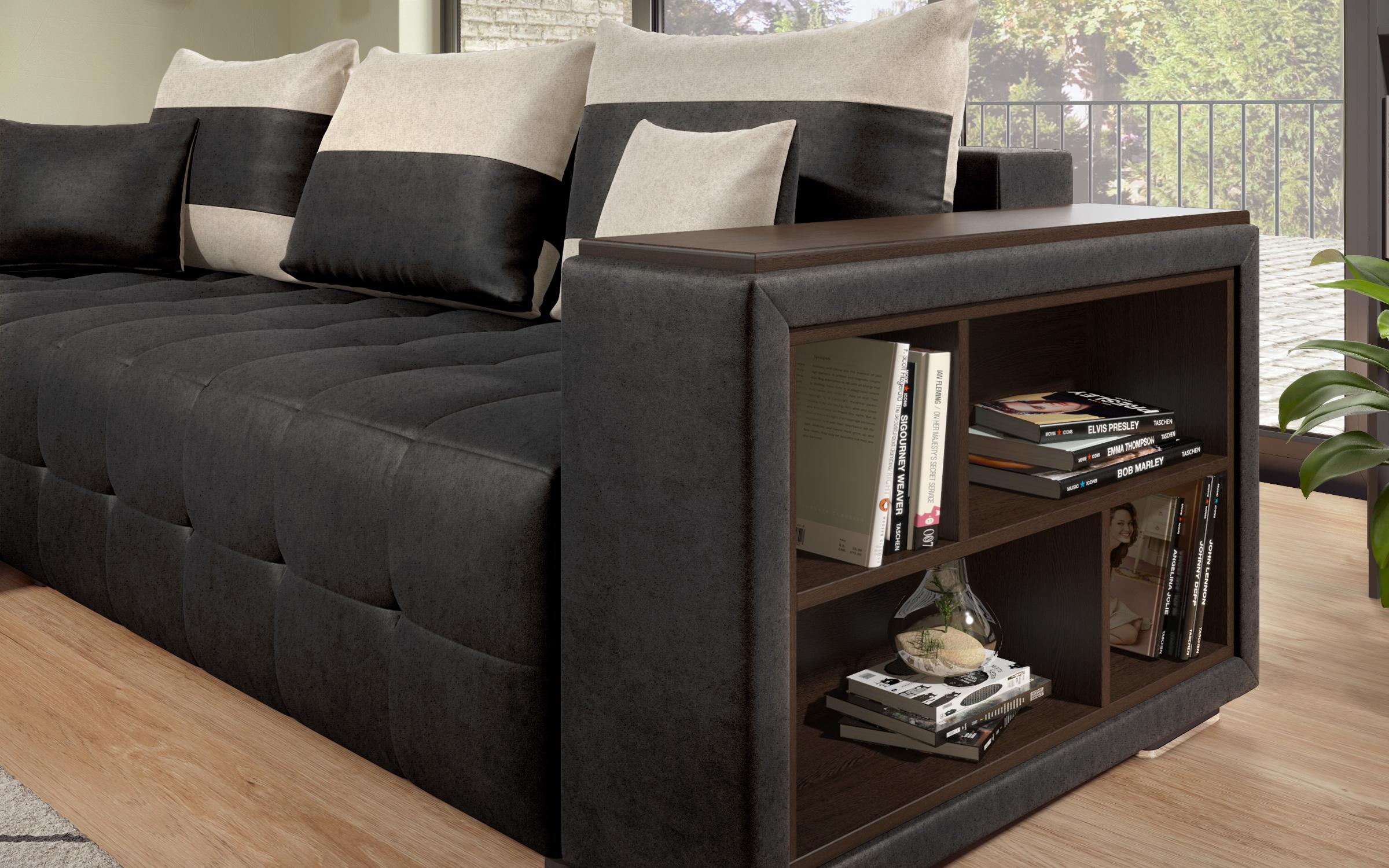 Extendable corner sofa with shelf armrest Melvin S, black + light beige  8