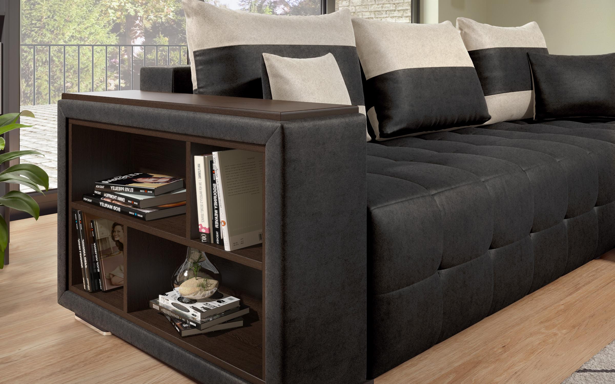 Extendable corner sofa with shelf armrest Melvin S, black + light beige  8