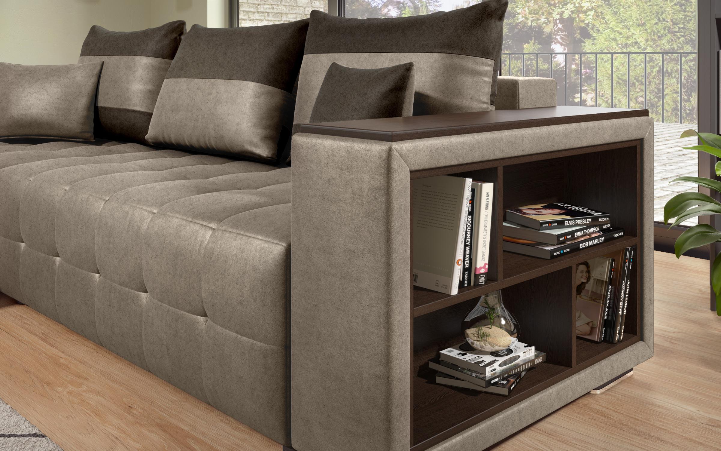 Extendable corner sofa with shelf armrest Melvin S, dark beige + dark brown  8