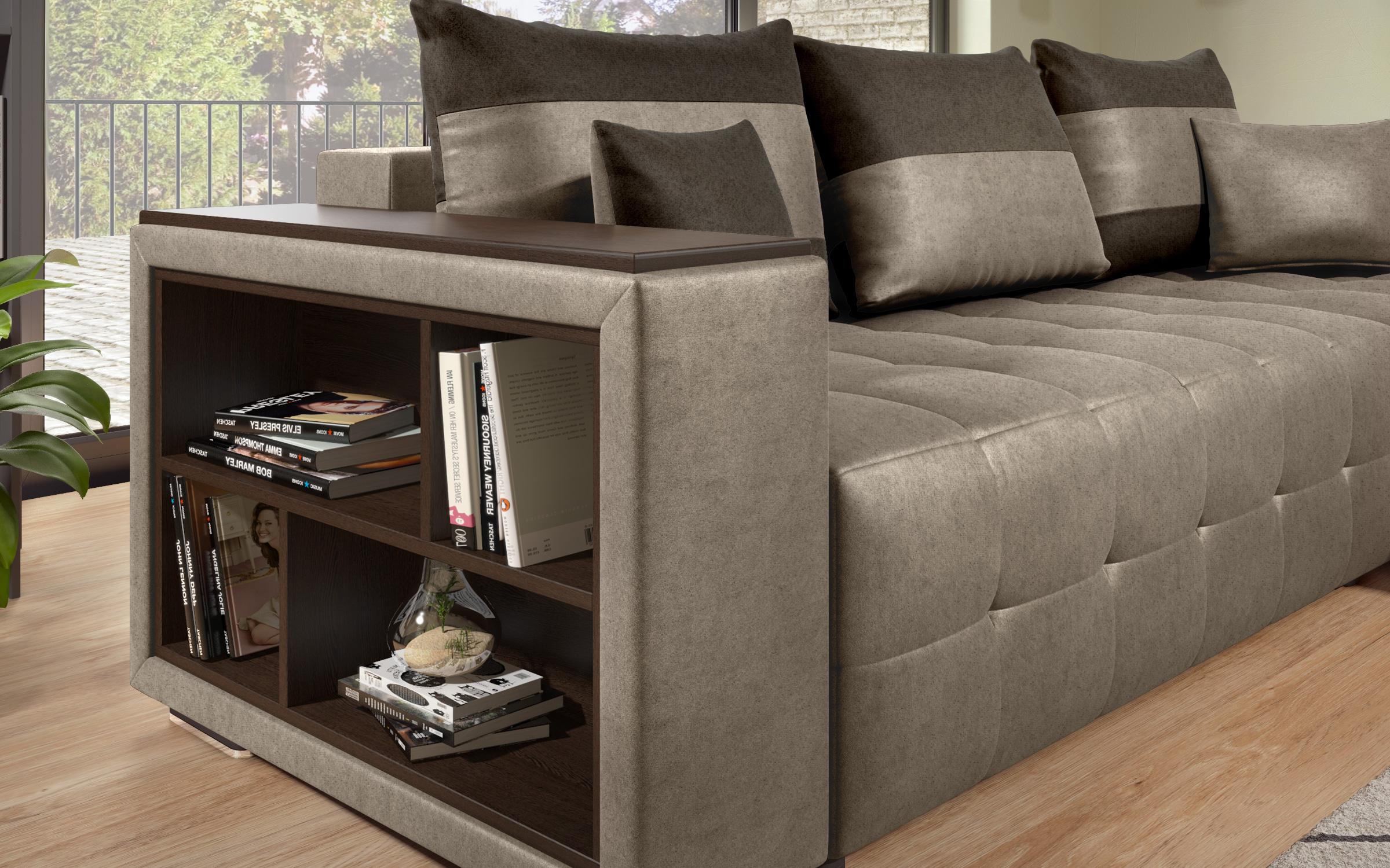 Extendable corner sofa with shelf armrest Melvin S, dark beige + dark brown  8