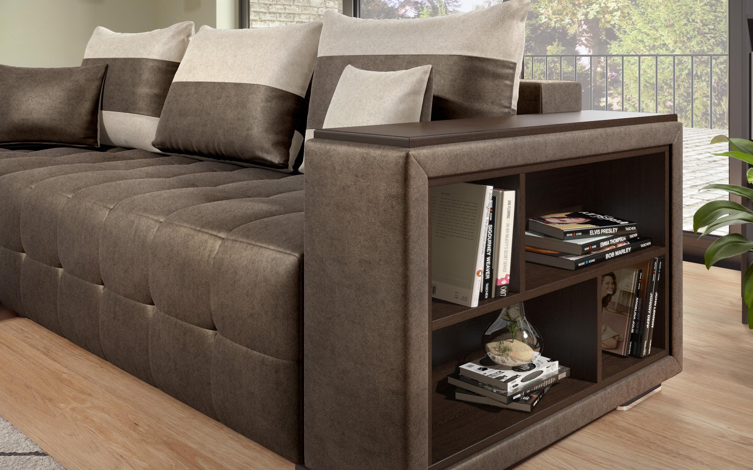 Extendable corner sofa with shelf armrest Melvin S, dark brown + light beige  7