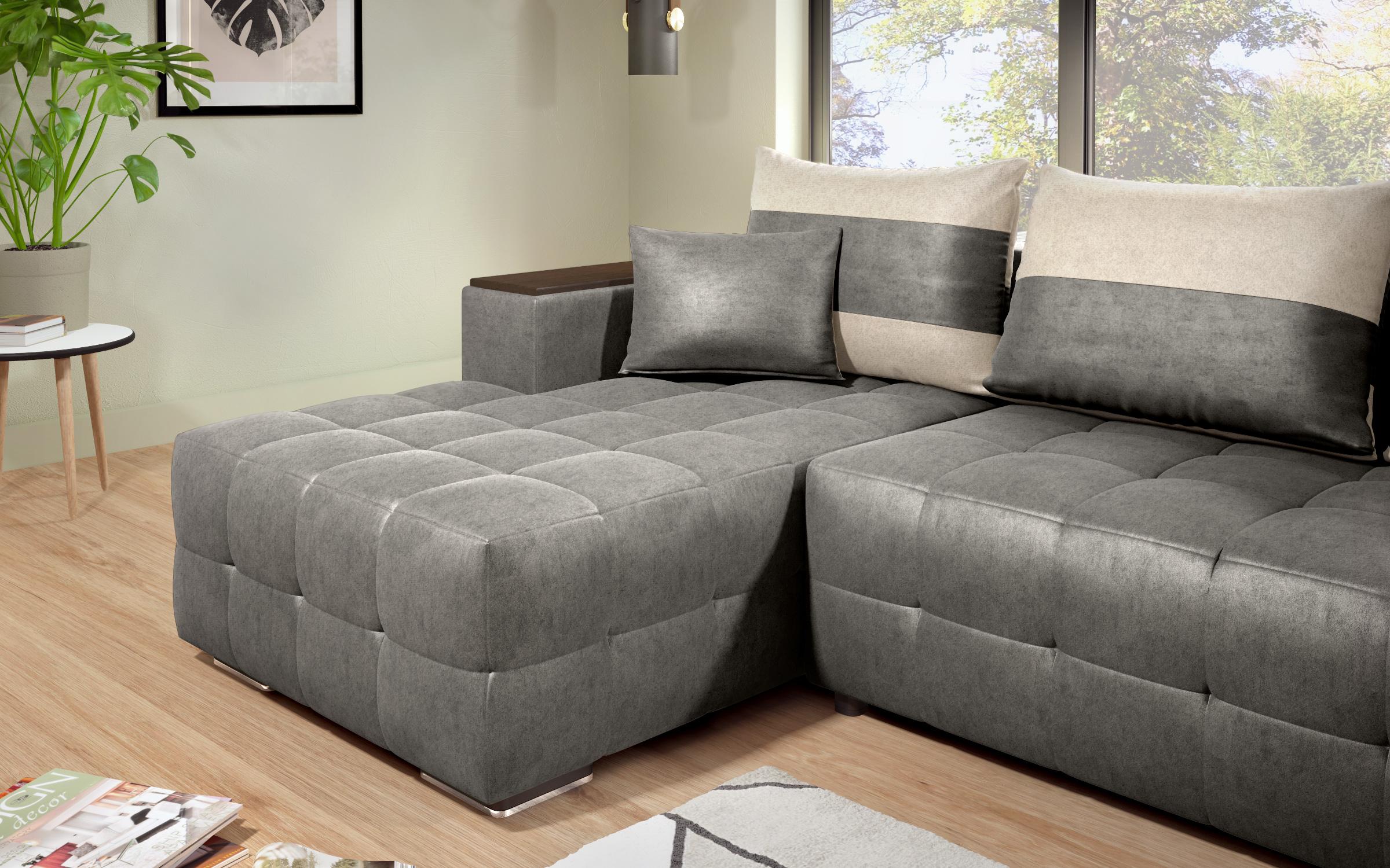 Extendable corner sofa with shelf armrest Melvin S, grey + light beige  8